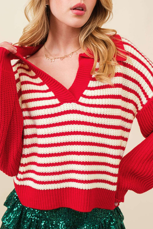 Striped Johnny Collar Long Sleeve Sweater-TOPS / DRESSES-[Adult]-[Female]-Red-S-2022 Online Blue Zone Planet