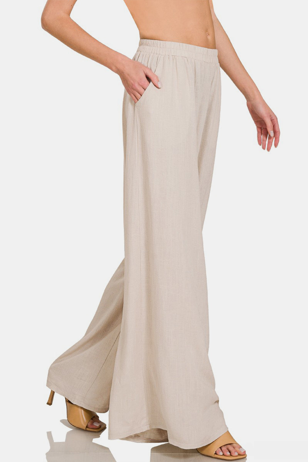 Zenana Pleated Linen Blend Wide Leg Pants-BOTTOMS SIZES SMALL MEDIUM LARGE-[Adult]-[Female]-2022 Online Blue Zone Planet