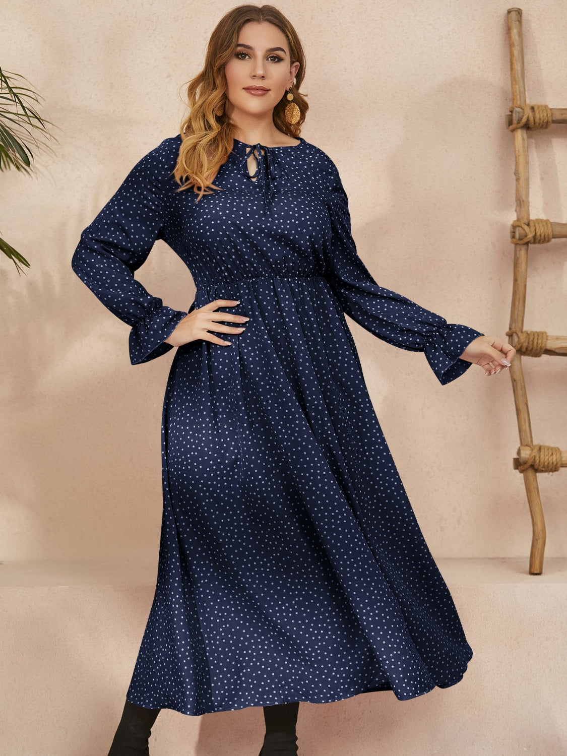 Plus Size Ruffled Polka Dot Long Sleeve Midi Dress-TOPS / DRESSES-[Adult]-[Female]-2022 Online Blue Zone Planet