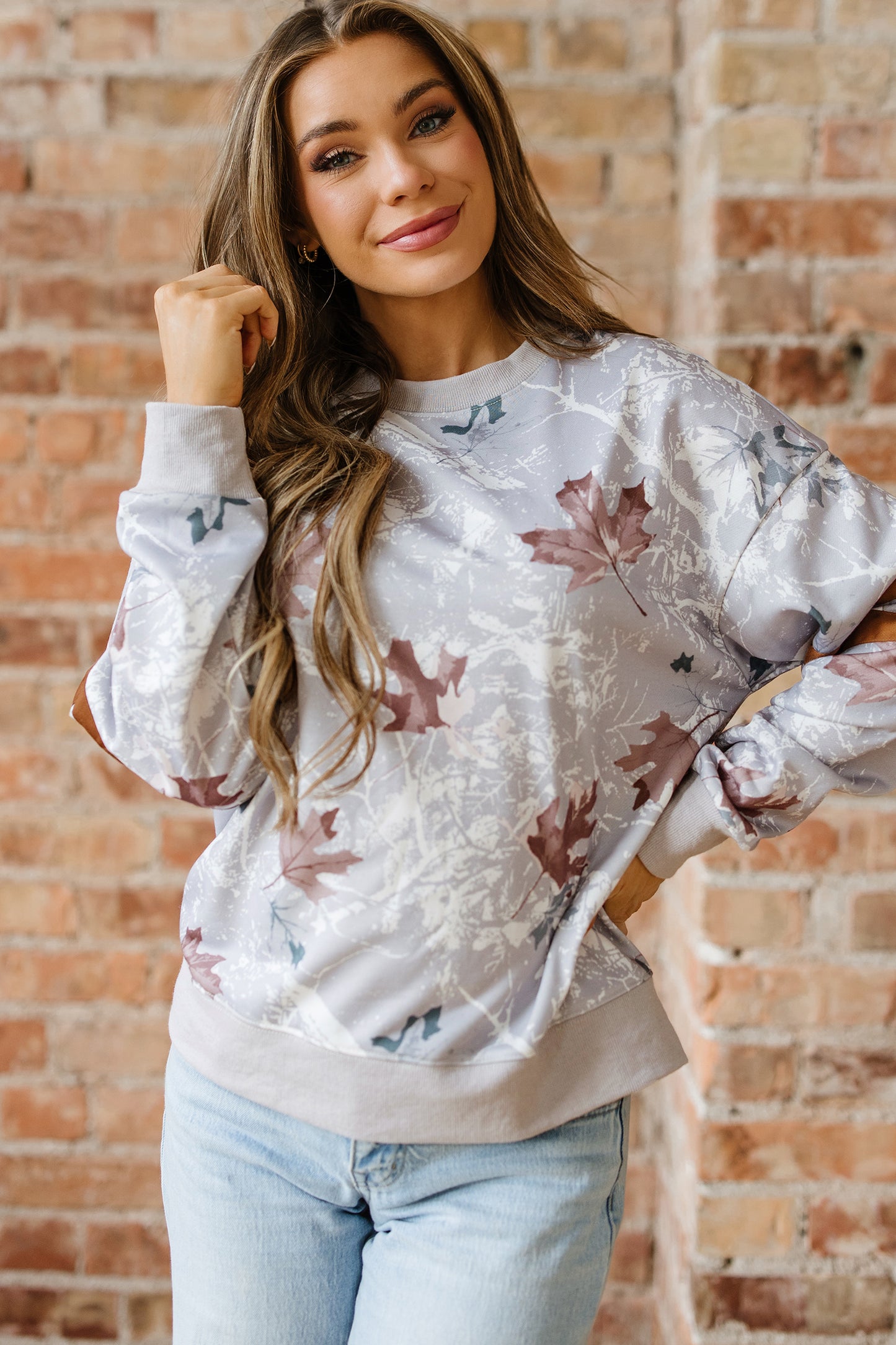 Gray Maple Leaf Camo Print Varsity Striped Sleeve Casual Sweatshirt-Tops/Sweatshirts & Hoodies-[Adult]-[Female]-2022 Online Blue Zone Planet