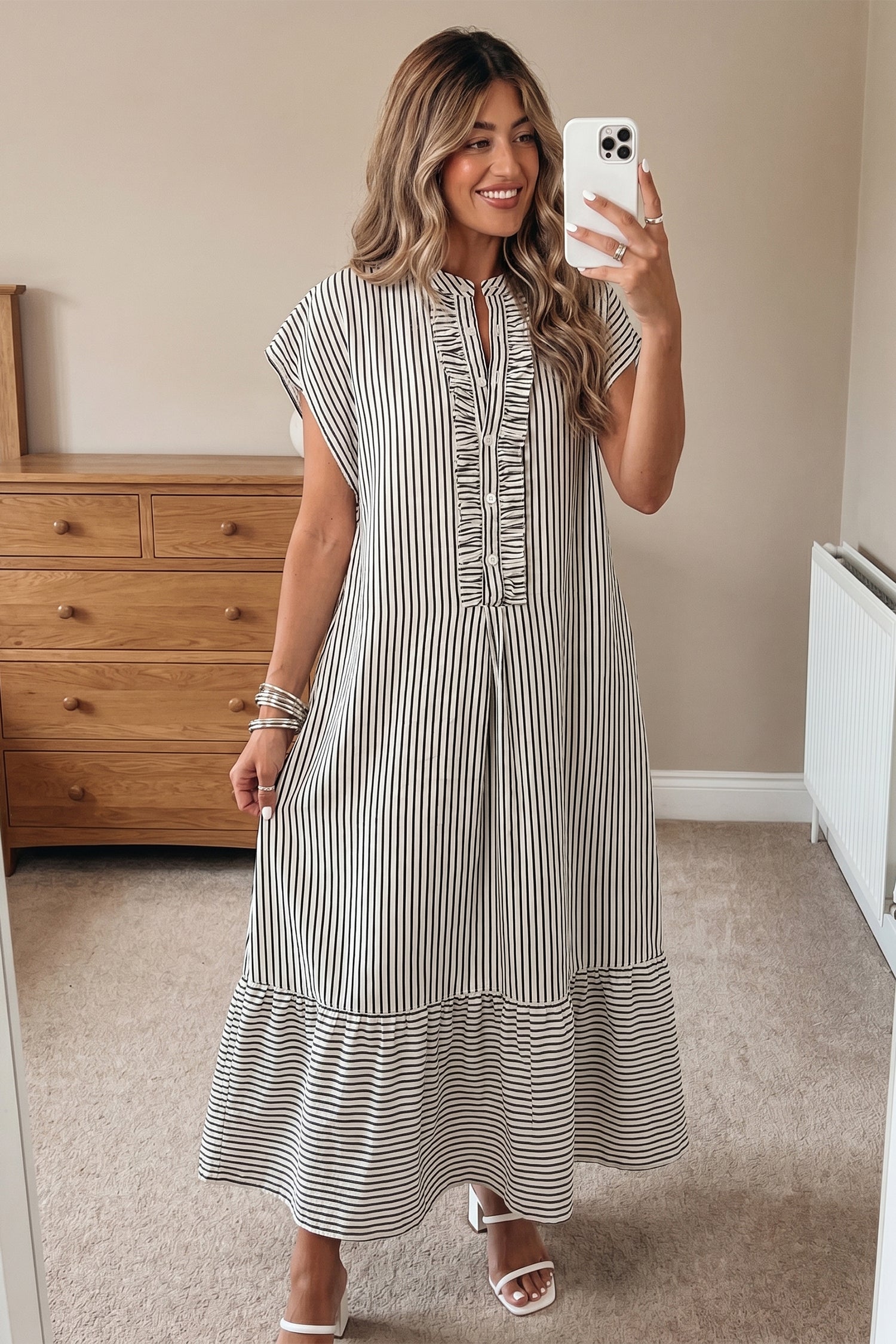 Red Stripe Frilled Detail Half Buttons Short Sleeve Long Dress-TOPS / DRESSES-[Adult]-[Female]-2022 Online Blue Zone Planet