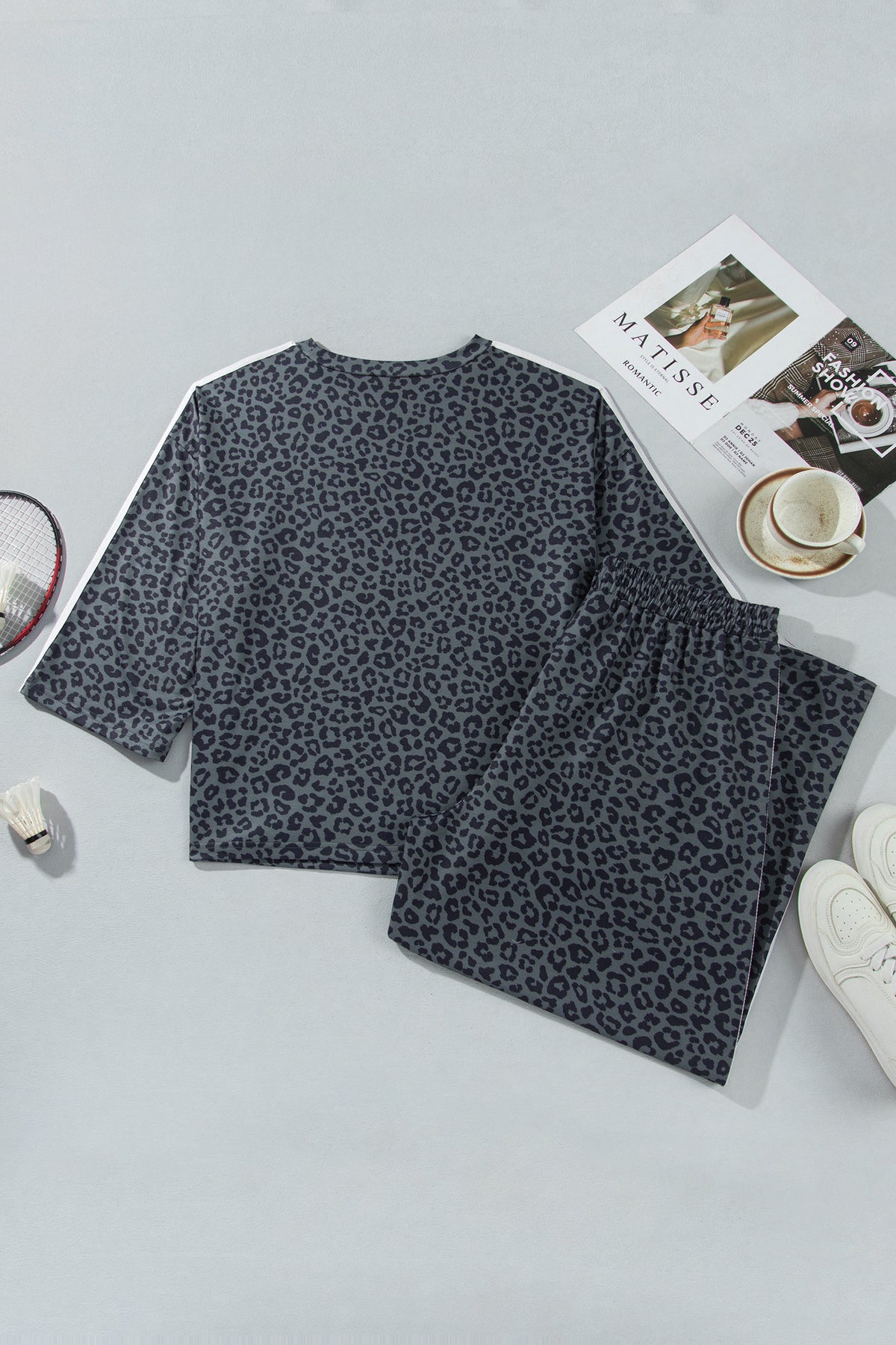 Gray Leopard Print Bracelet Sleeve Top Plus Size Loose Pants Set-Bracelet-[Adult]-[Female]-2022 Online Blue Zone Planet