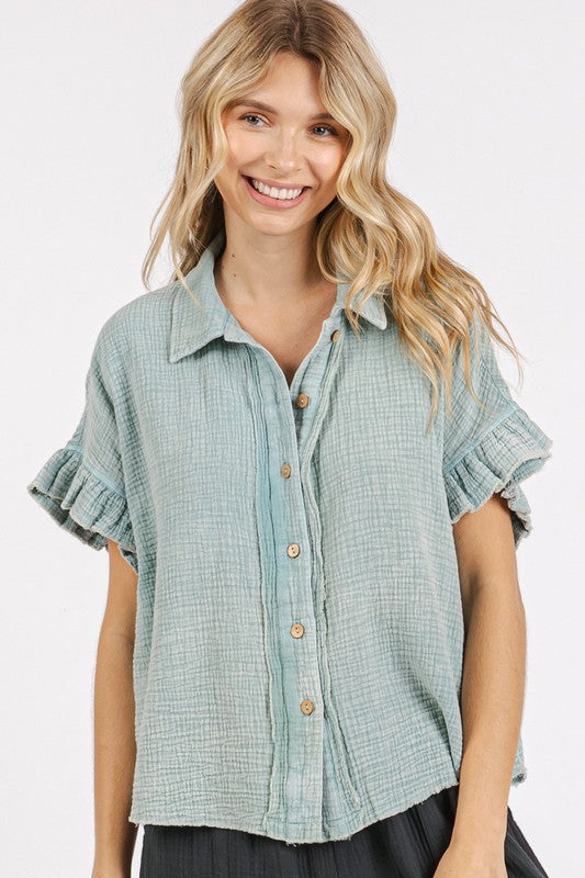 Mittoshop Mineral Washed Button Down Flounce Sleeve Shirt-TOPS / DRESSES-[Adult]-[Female]-Faded Blue-S-2022 Online Blue Zone Planet
