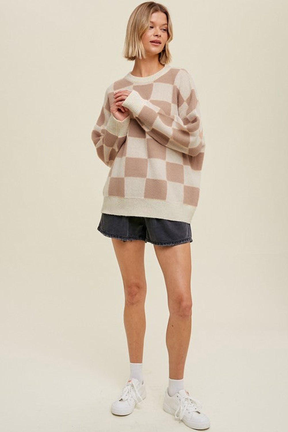 Parchment Checkered Pattern Ribbed Trim Knit Baggy Sweater-TOPS / DRESSES-[Adult]-[Female]-2022 Online Blue Zone Planet