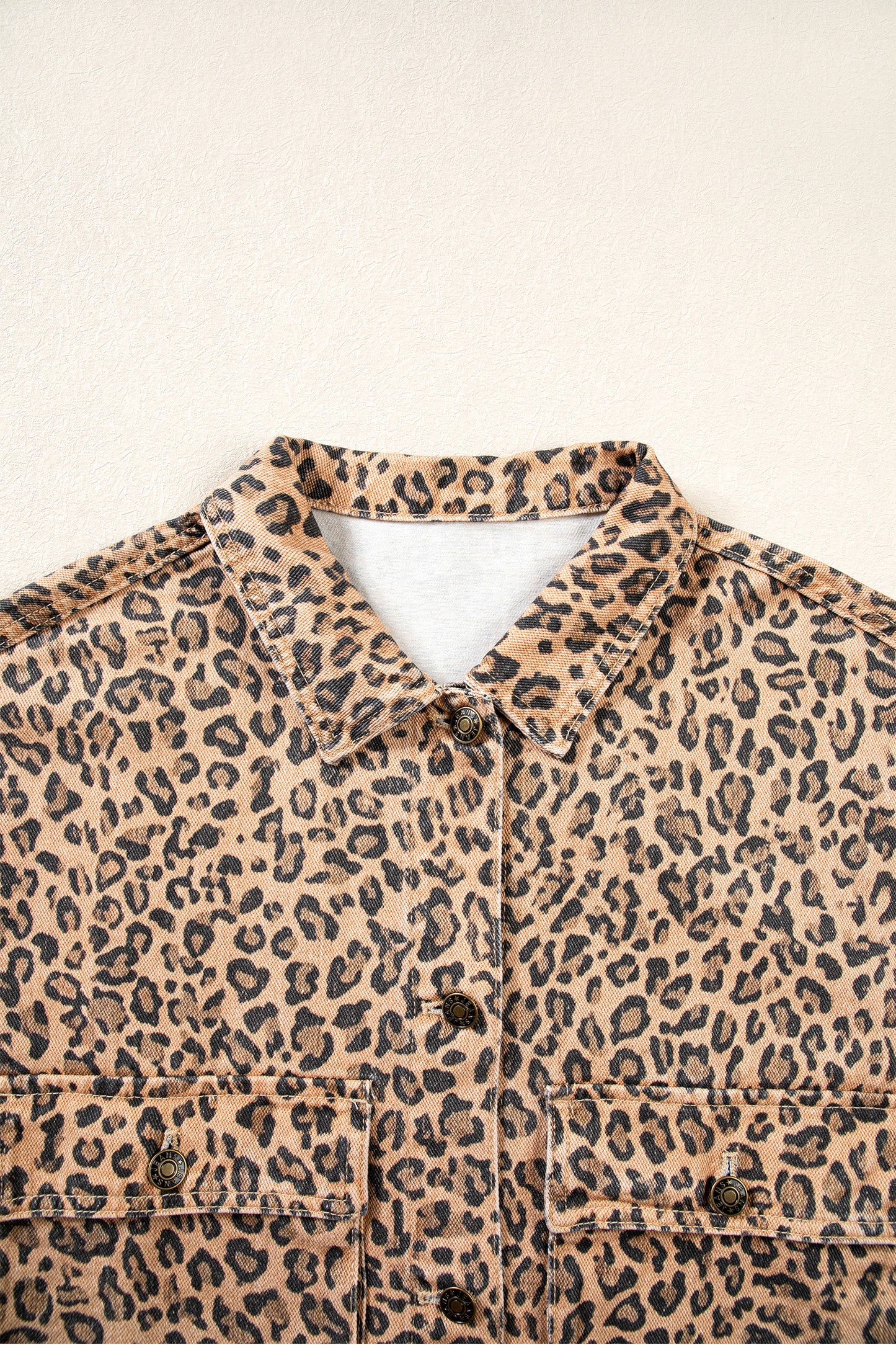 Khaki Leopard Print Collar Long Sleeve Patch Pocket Shift Denim Jacket-Outerwear/Denim jackets-[Adult]-[Female]-2022 Online Blue Zone Planet
