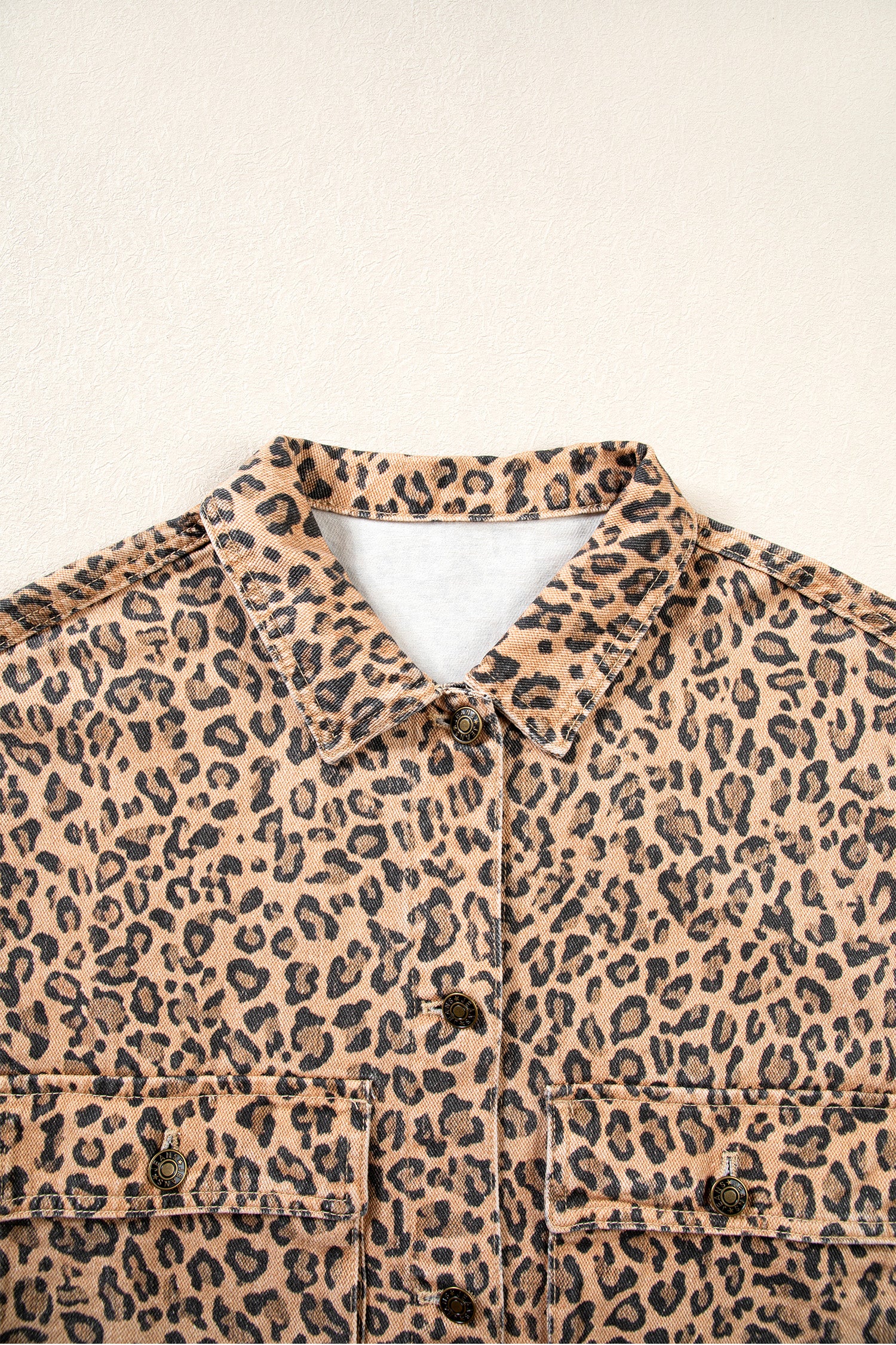 Khaki Leopard Print Collar Long Sleeve Patch Pocket Shift Denim Jacket-Outerwear/Denim jackets-[Adult]-[Female]-2022 Online Blue Zone Planet