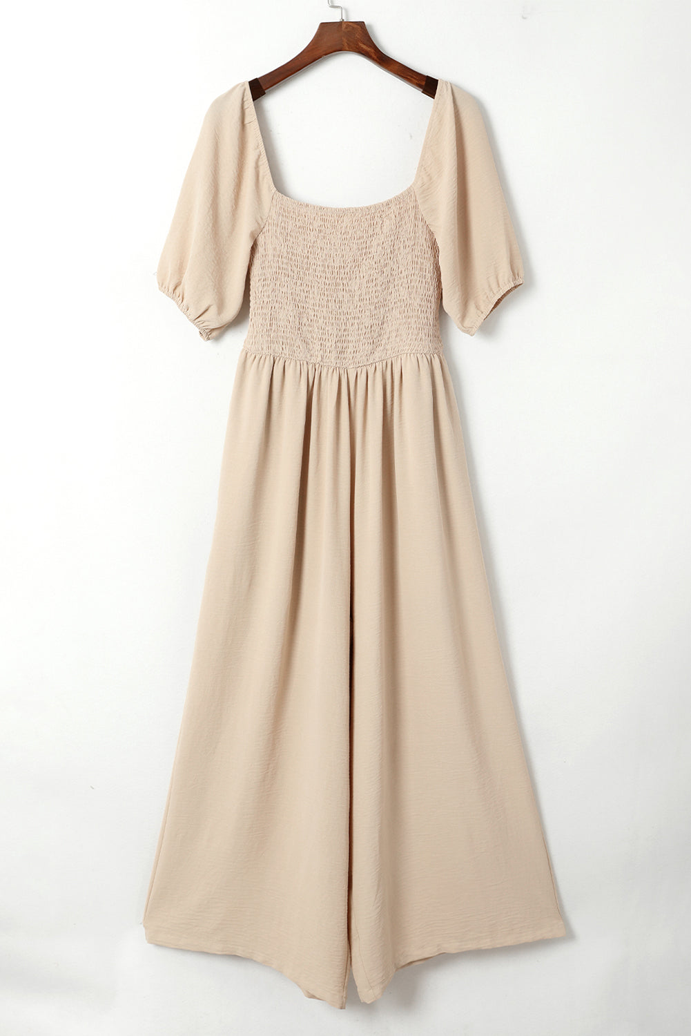 Apricot Short Bubble Sleeve Smocked Wide Leg Jumpsuit-Bottoms/Jumpsuits & Rompers-[Adult]-[Female]-2022 Online Blue Zone Planet