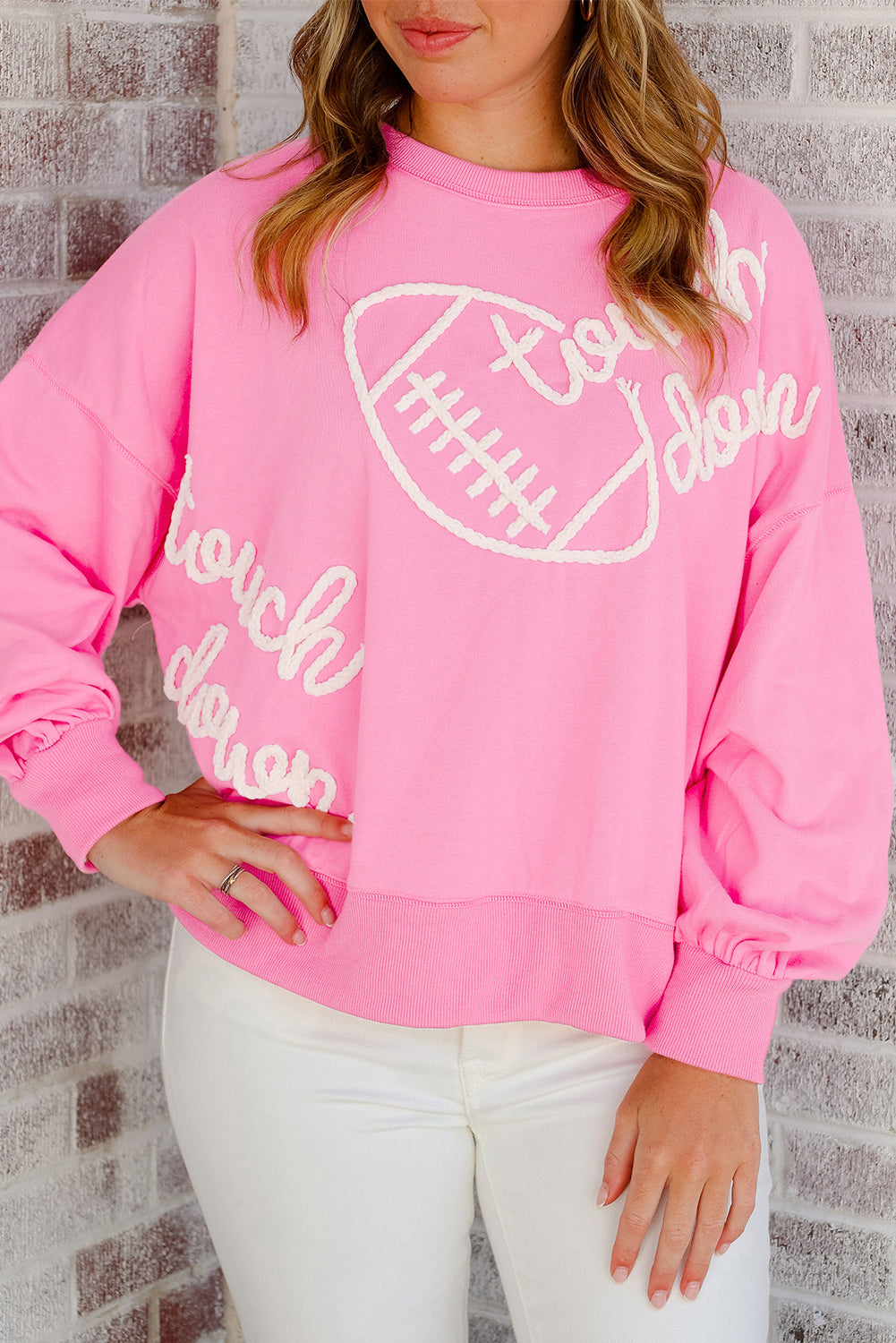 Blue Zone Planet | Orange Touch Down Rugby Thread Embroidery Sweatshirt-Tops/Sweatshirts & Hoodies-[Adult]-[Female]-Pink-S-2022 Online Blue Zone Planet