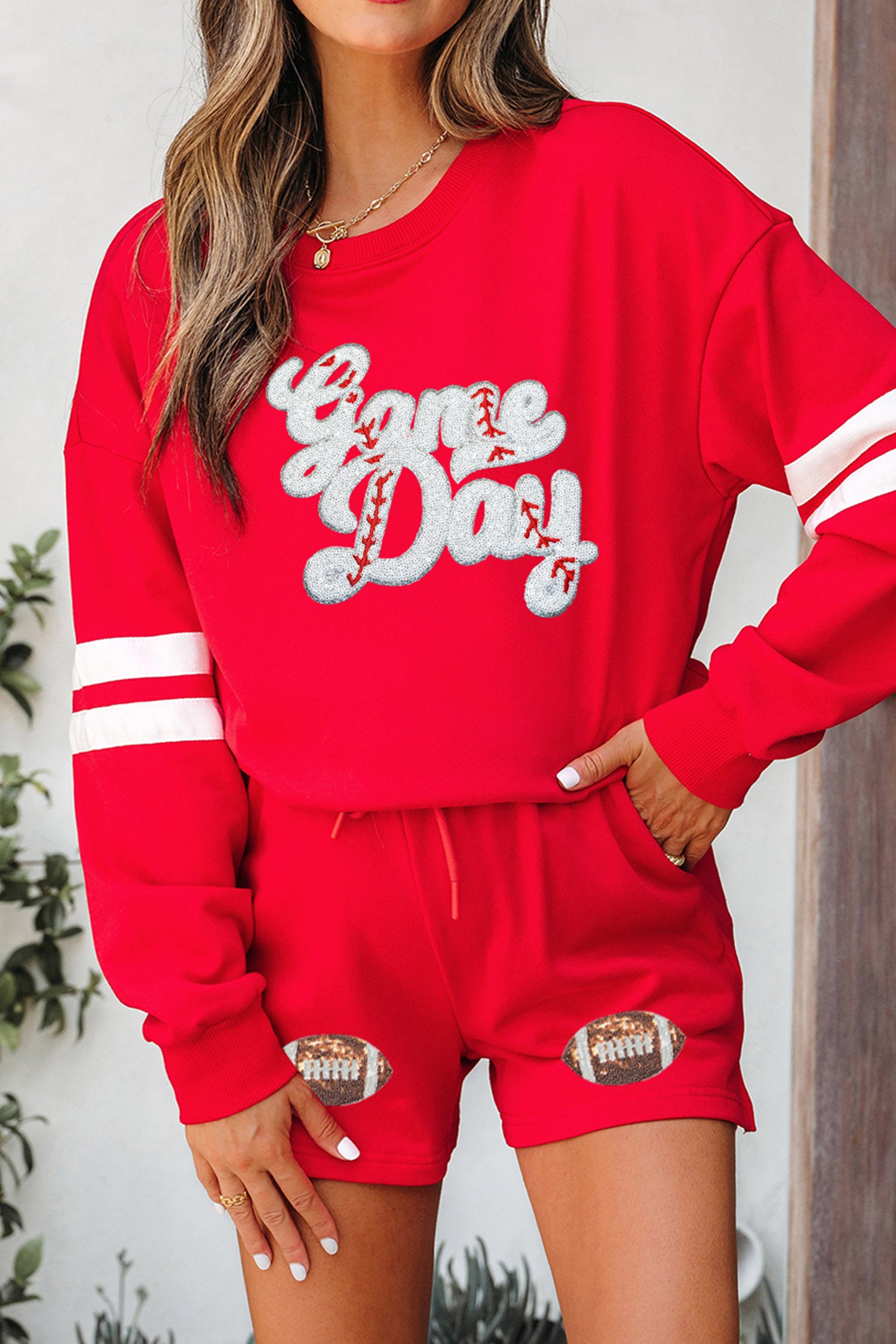 Fiery Red Glitter Game Day Slogan Football Patch Varsity Graphic Two Piece Set-Graphic/Graphic Sets-[Adult]-[Female]-2022 Online Blue Zone Planet