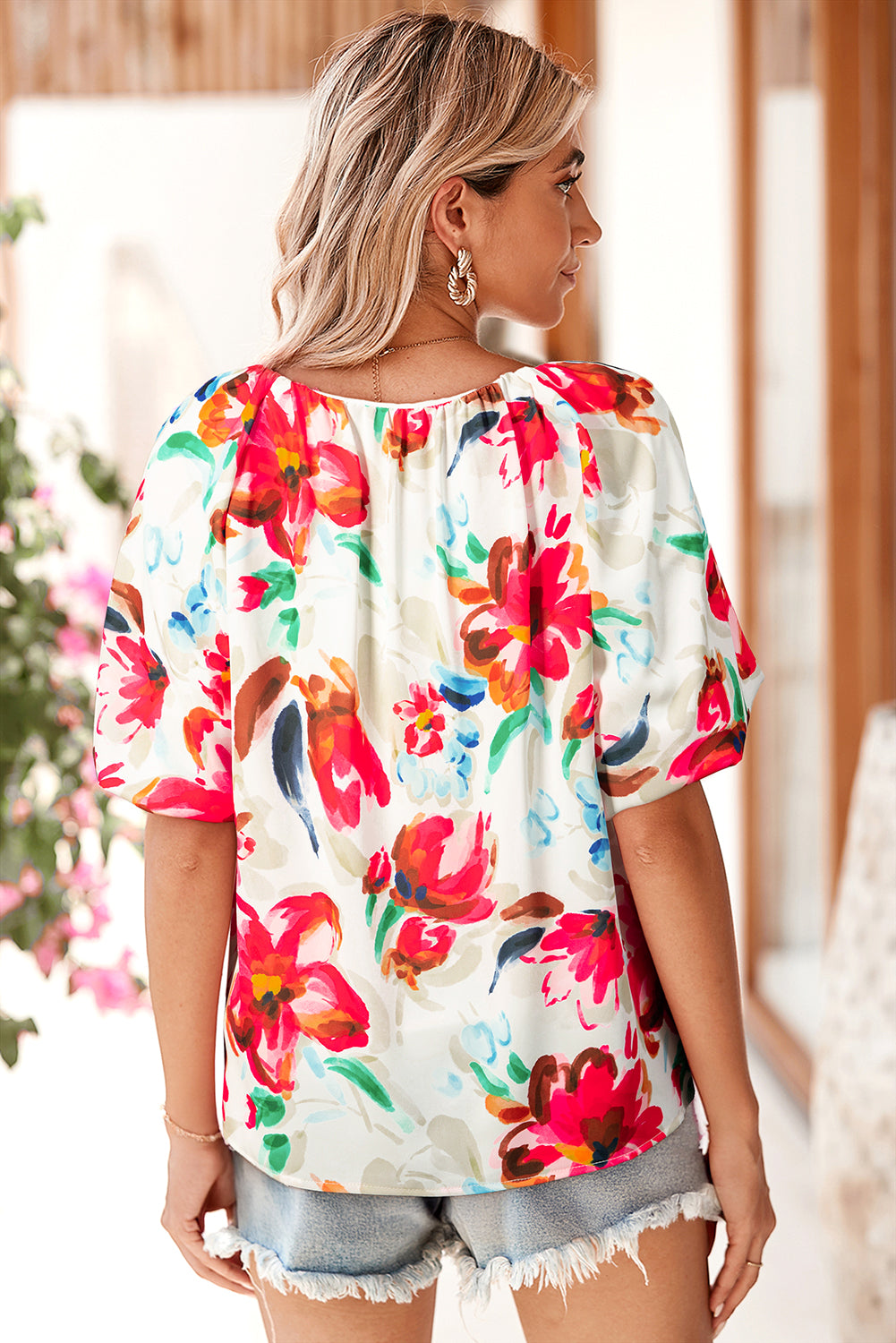White Floral Print Puffy Half Sleeve Blouse-Tops/Blouses & Shirts-[Adult]-[Female]-2022 Online Blue Zone Planet