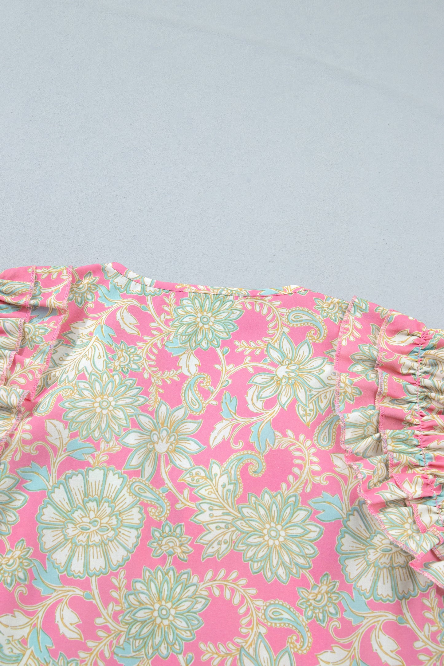 Pink Tie V Neck Floral Short Puff Sleeve Blouse-Tops/Blouses & Shirts-[Adult]-[Female]-2022 Online Blue Zone Planet