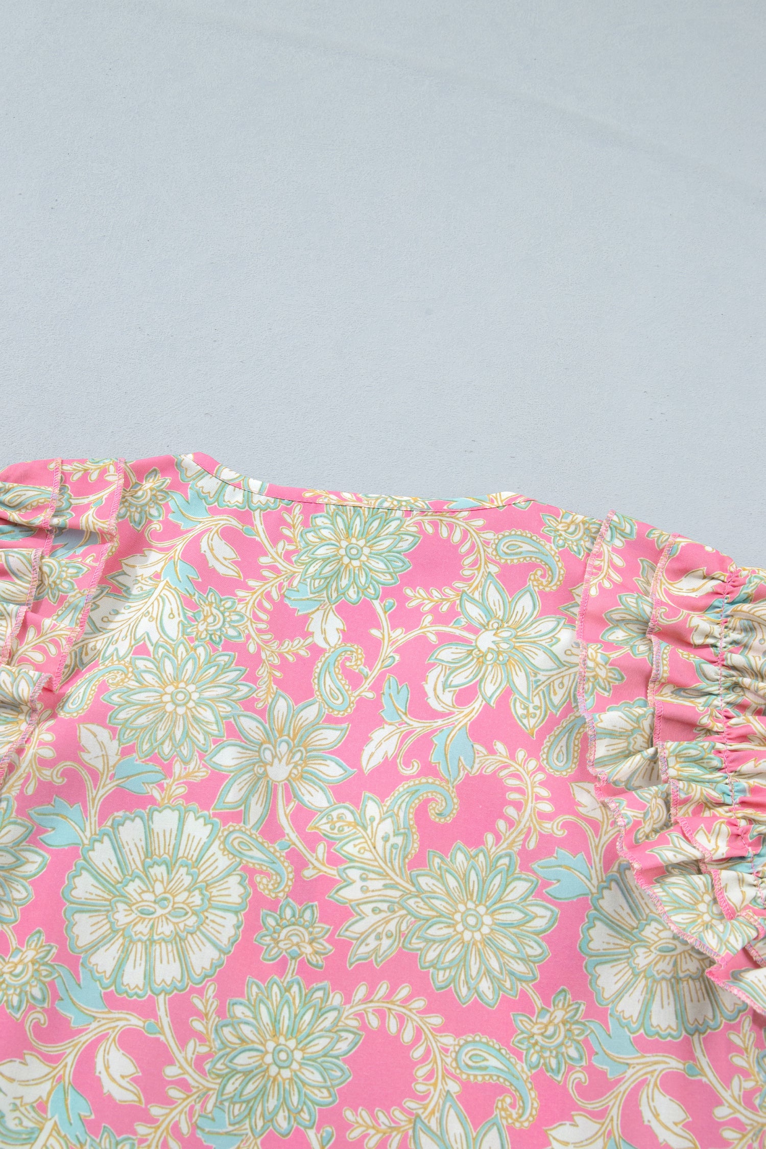 Pink Tie V Neck Floral Short Puff Sleeve Blouse-Tops/Blouses & Shirts-[Adult]-[Female]-2022 Online Blue Zone Planet