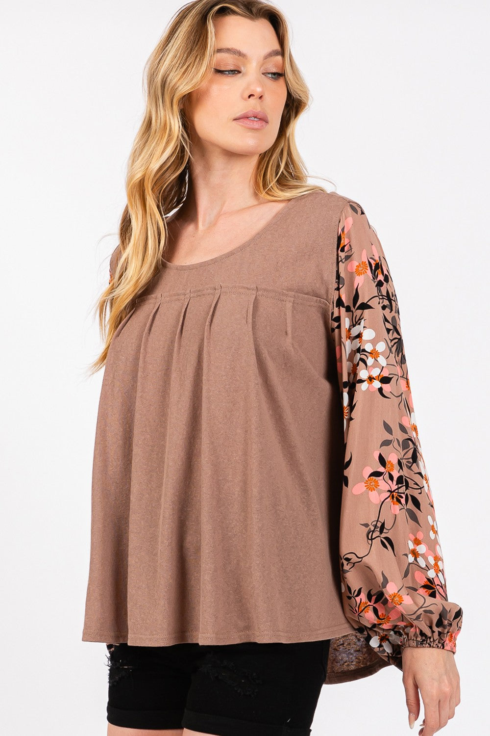 Blue Zone Planet | SAGE + FIG Floral Long Sleeve Front Pleated Detail Blouse-TOPS / DRESSES-[Adult]-[Female]-2022 Online Blue Zone Planet