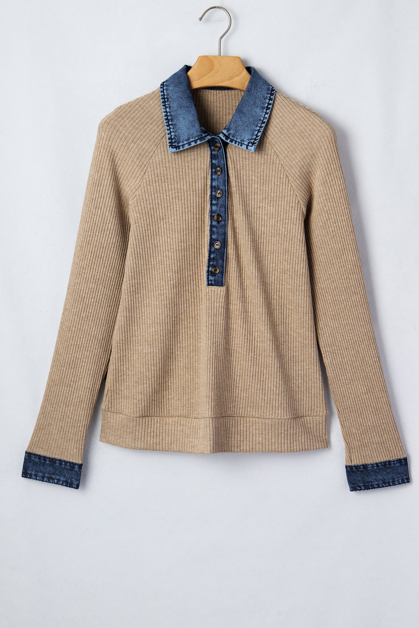Beige Ribbed Knit Denim Patchwork Button Polo Collar Cuffed Long Sleeve Top-Tops/Long Sleeve Tops-[Adult]-[Female]-2022 Online Blue Zone Planet