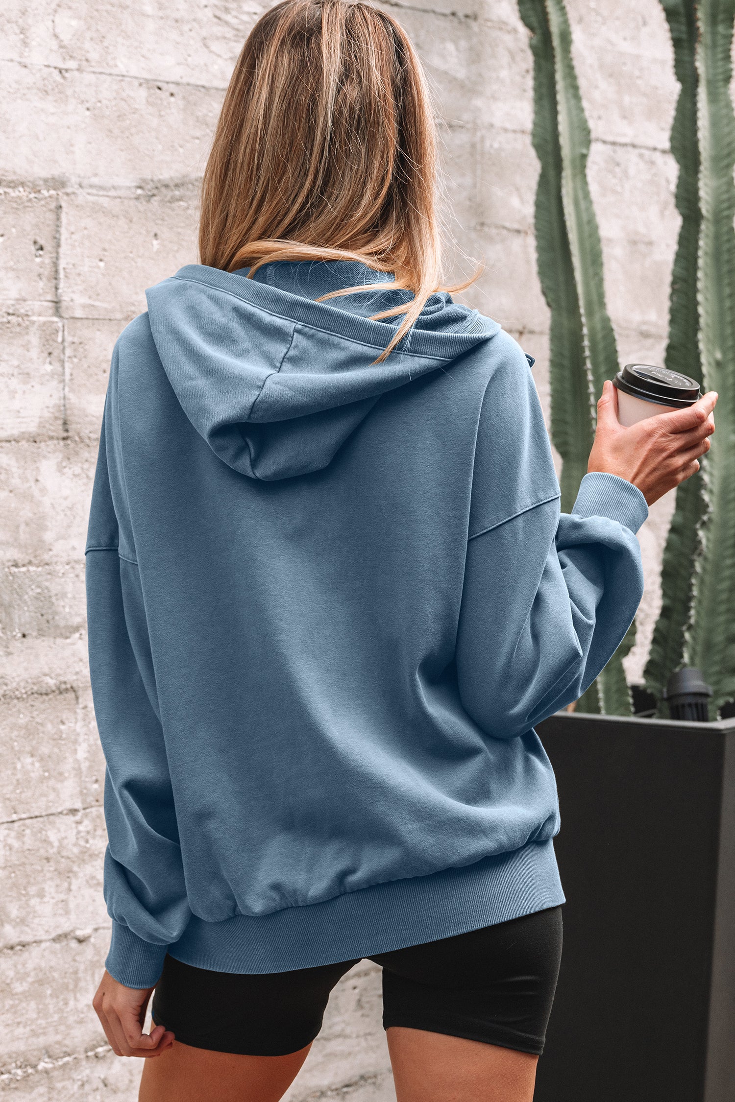 Ashleigh Blue Half Zip Kangaroo Pocket Mineral Wash Baggy Hoodie-Tops / Dresses-[Adult]-[Female]-2022 Online Blue Zone Planet