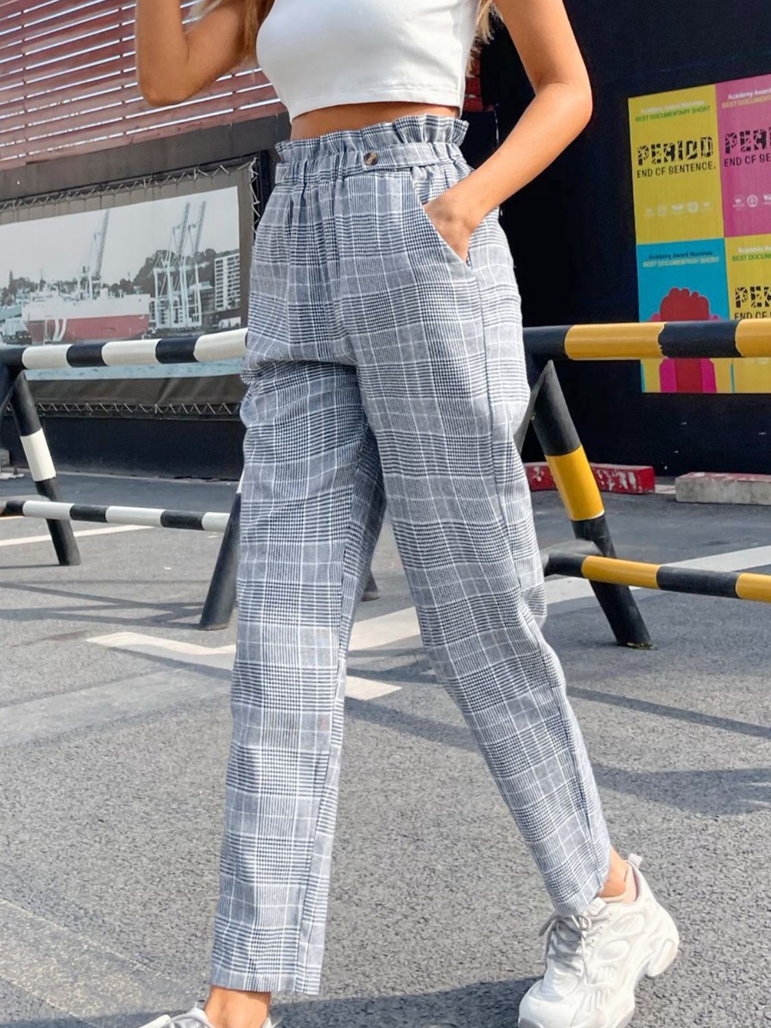 Blue Zone Planet | Plaid Elastic Waist Straight Pants-BOTTOMS SIZES SMALL MEDIUM LARGE-[Adult]-[Female]-2022 Online Blue Zone Planet