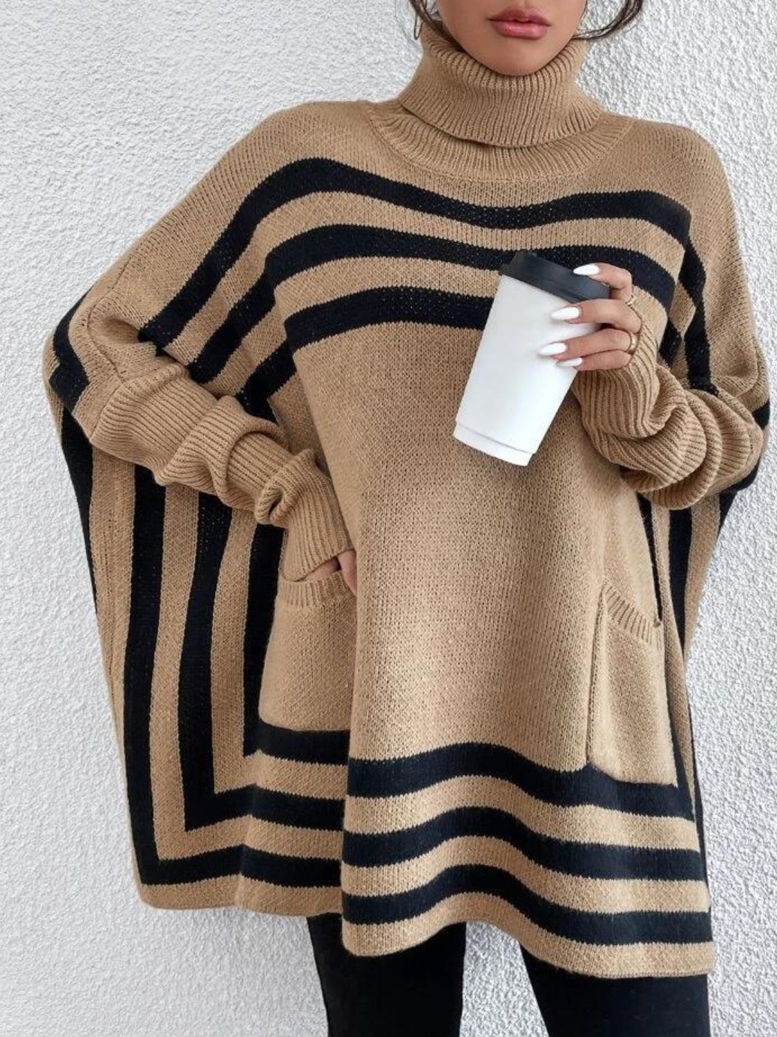 Striped Turtleneck Batwing Sleeve Sweater with Pockets-TOPS / DRESSES-[Adult]-[Female]-2022 Online Blue Zone Planet