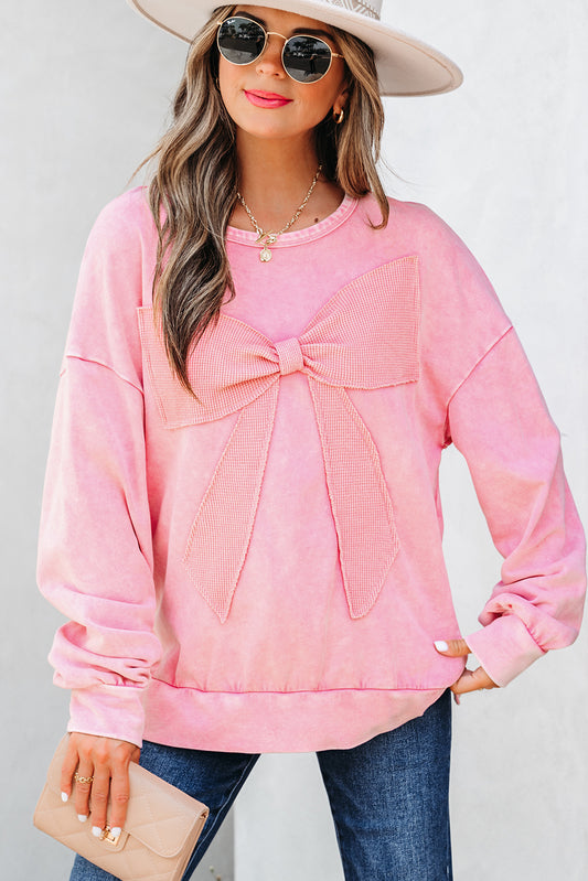 Bright Pink Mineral Wash Big Bow Patchwork Pullover Sweatshirt-Tops/Sweatshirts & Hoodies-[Adult]-[Female]-Bright Pink-S-2022 Online Blue Zone Planet