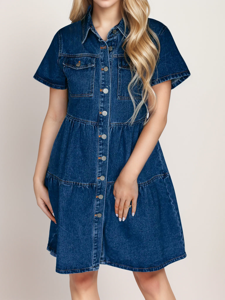 Button Up Short Sleeve Denim Dress-TOPS / DRESSES-[Adult]-[Female]-Dark-S-2022 Online Blue Zone Planet