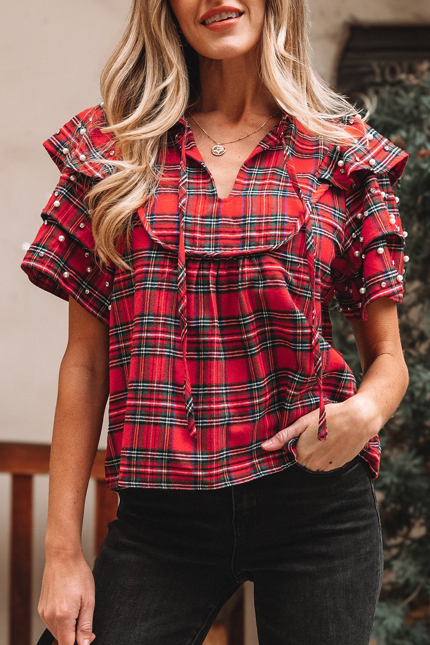 Red Festive Plaid Pearl Embellished Ruffle Short Sleeve Blouse-Tops/Blouses & Shirts-[Adult]-[Female]-2022 Online Blue Zone Planet