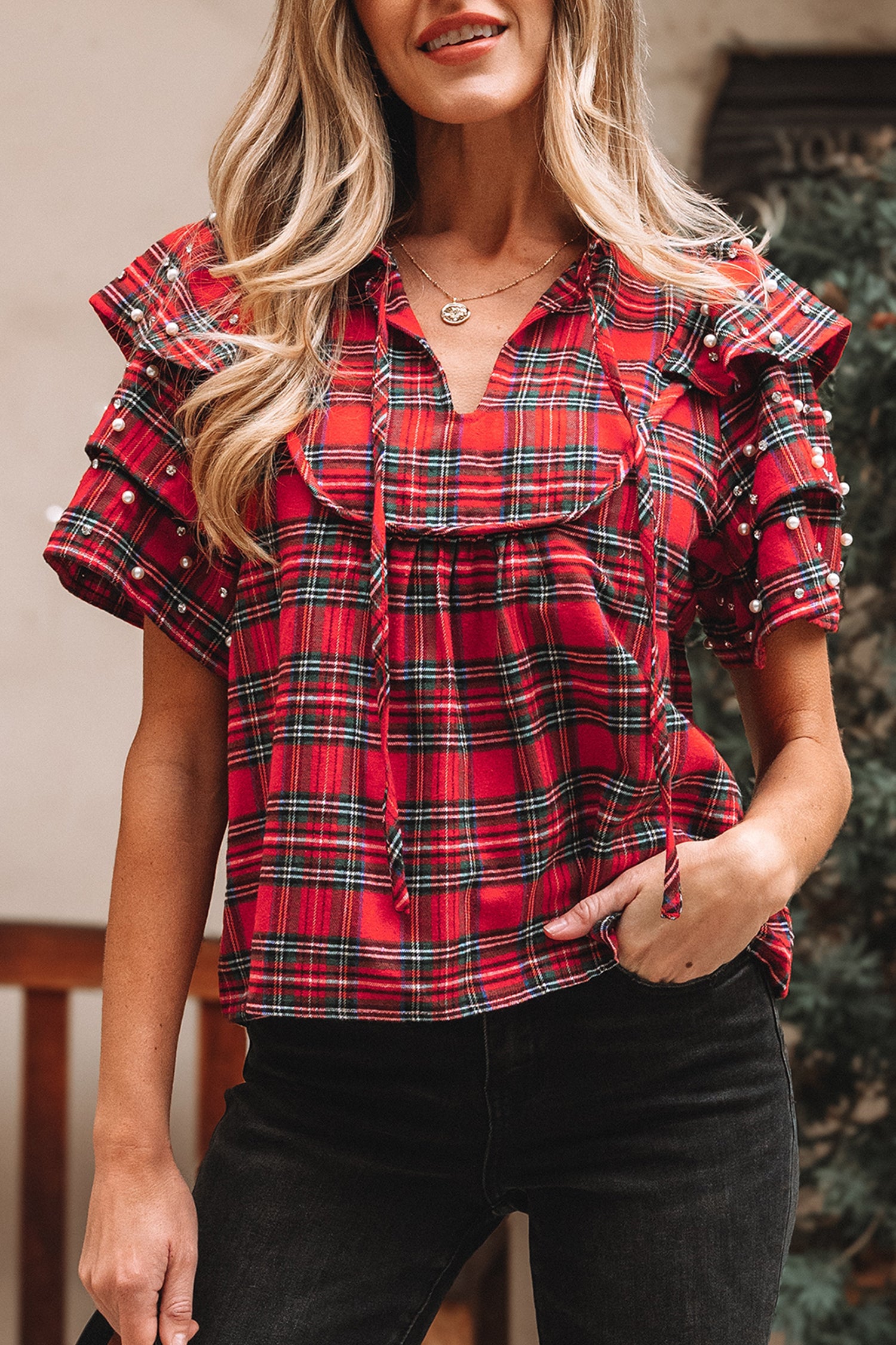 Red Festive Plaid Pearl Embellished Ruffle Short Sleeve Blouse-Tops/Blouses & Shirts-[Adult]-[Female]-2022 Online Blue Zone Planet