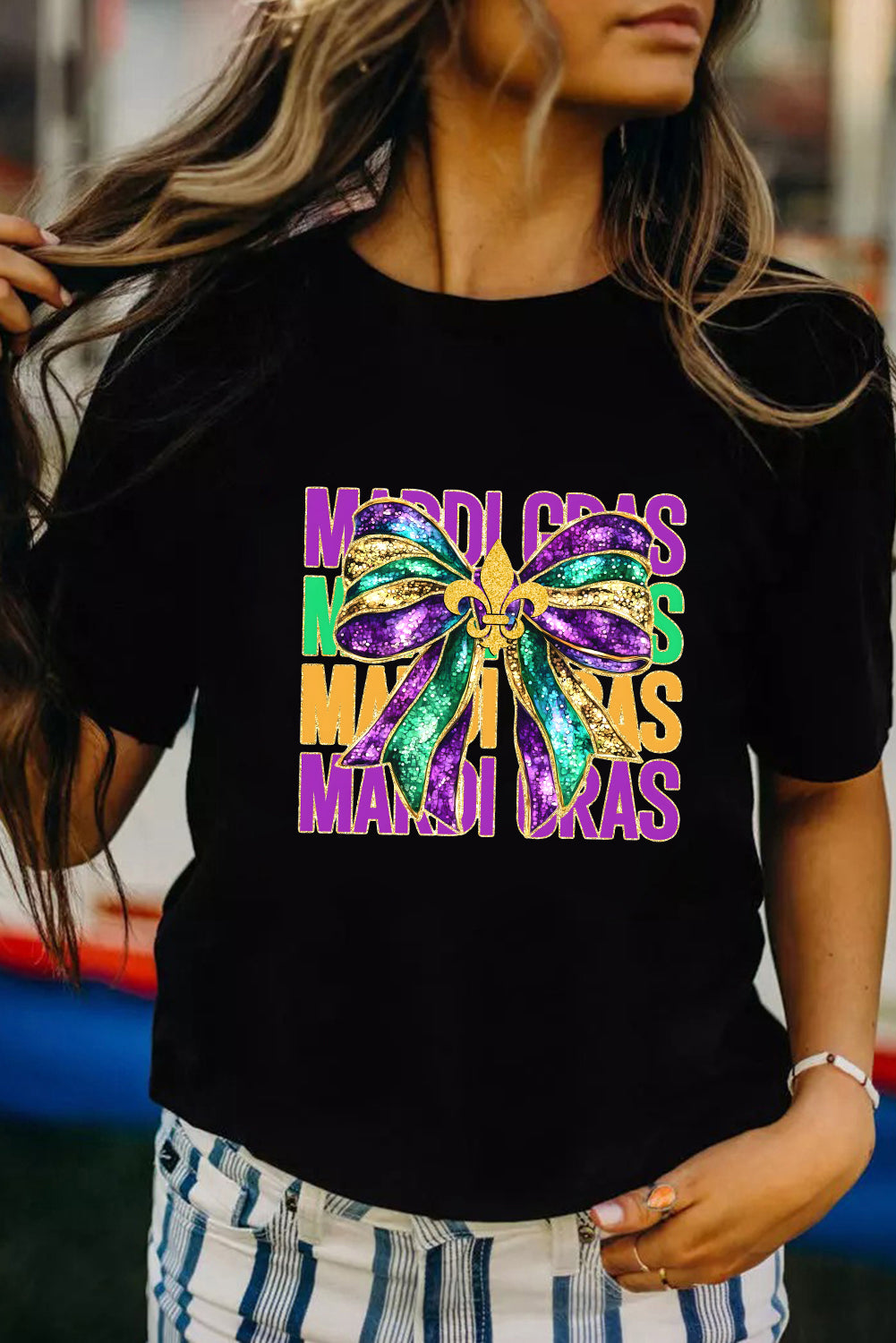 Black MARDI GRAS Bowknot Printed Crewneck Tee-Graphic Tees-[Adult]-[Female]-Black-S-2022 Online Blue Zone Planet