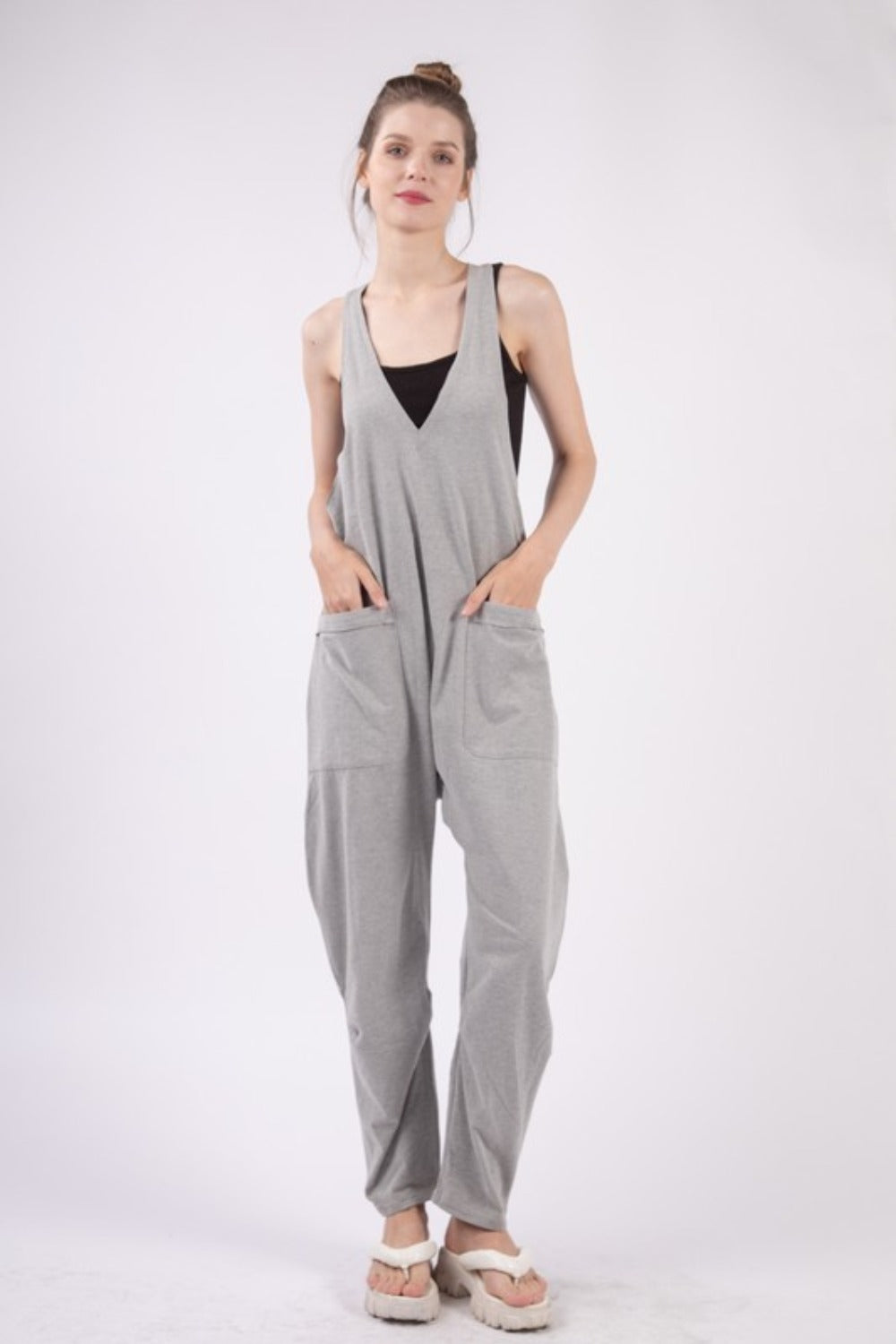 VERY J Plunge Sleeveless Jumpsuit with Pockets-TOPS / DRESSES-[Adult]-[Female]-Grey-S-2022 Online Blue Zone Planet