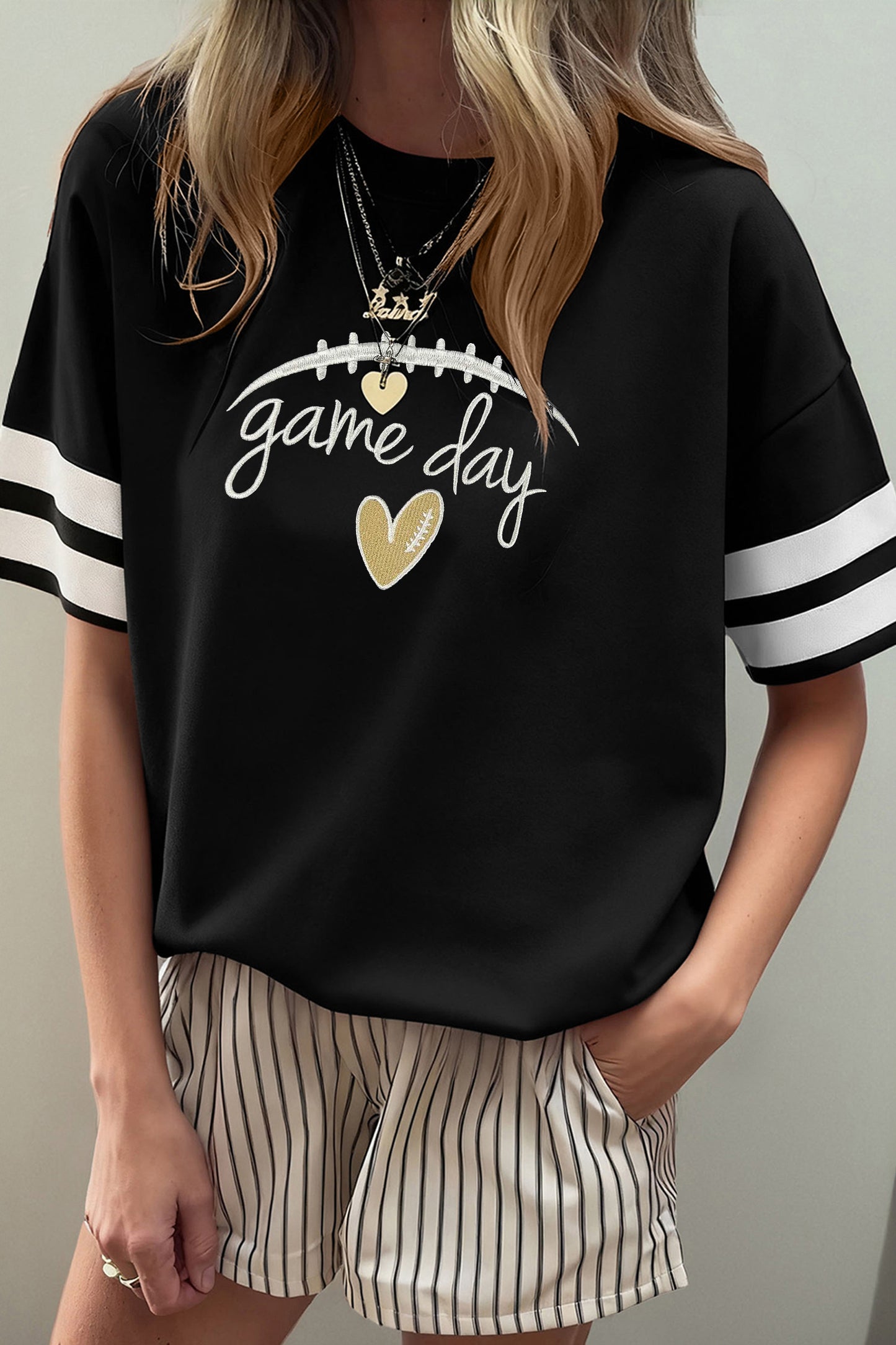 Black Game Day Embroidered Heart Pattern Varsity Casual T Shirt