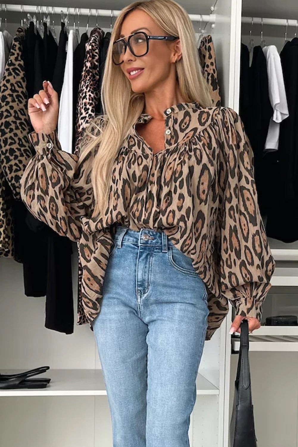 Jet Stream Oversized Leopard Print Balloon Sleeve Casual Shirt-Tops/Blouses & Shirts-[Adult]-[Female]-2022 Online Blue Zone Planet