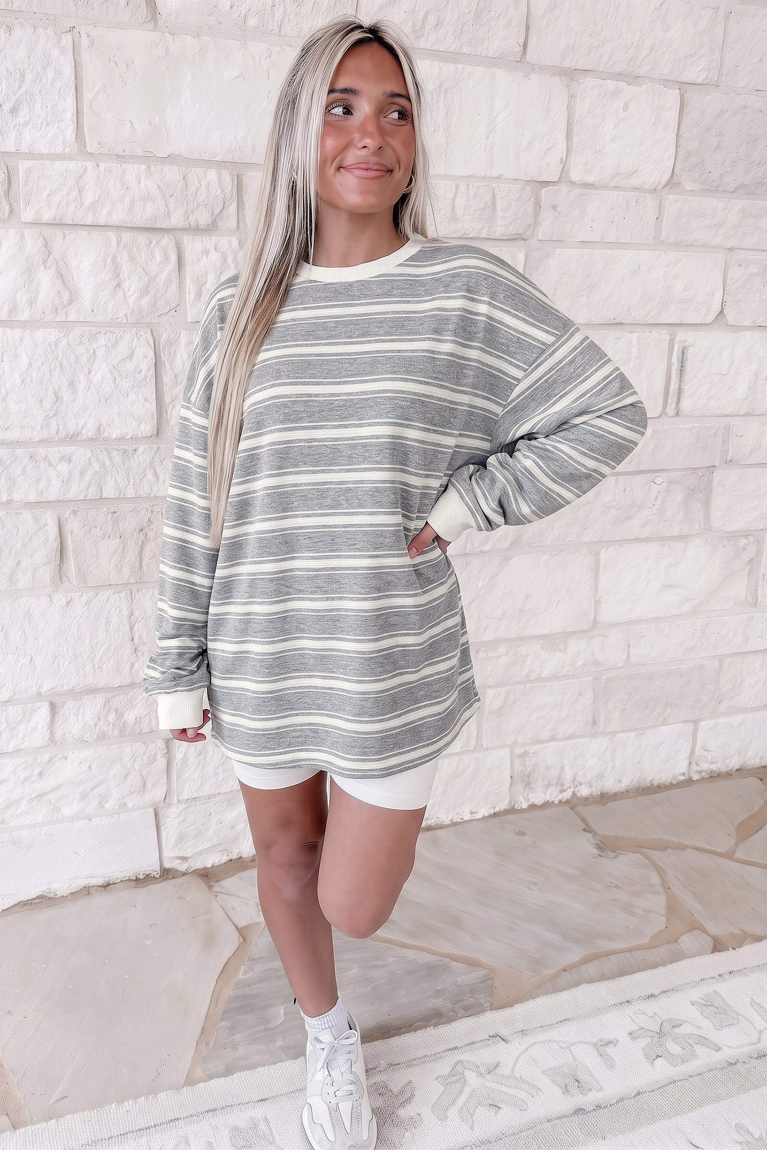 Gray Stripe Long Sleeve Round Neck Tunic Top-Tops/Long Sleeve Tops-[Adult]-[Female]-2022 Online Blue Zone Planet