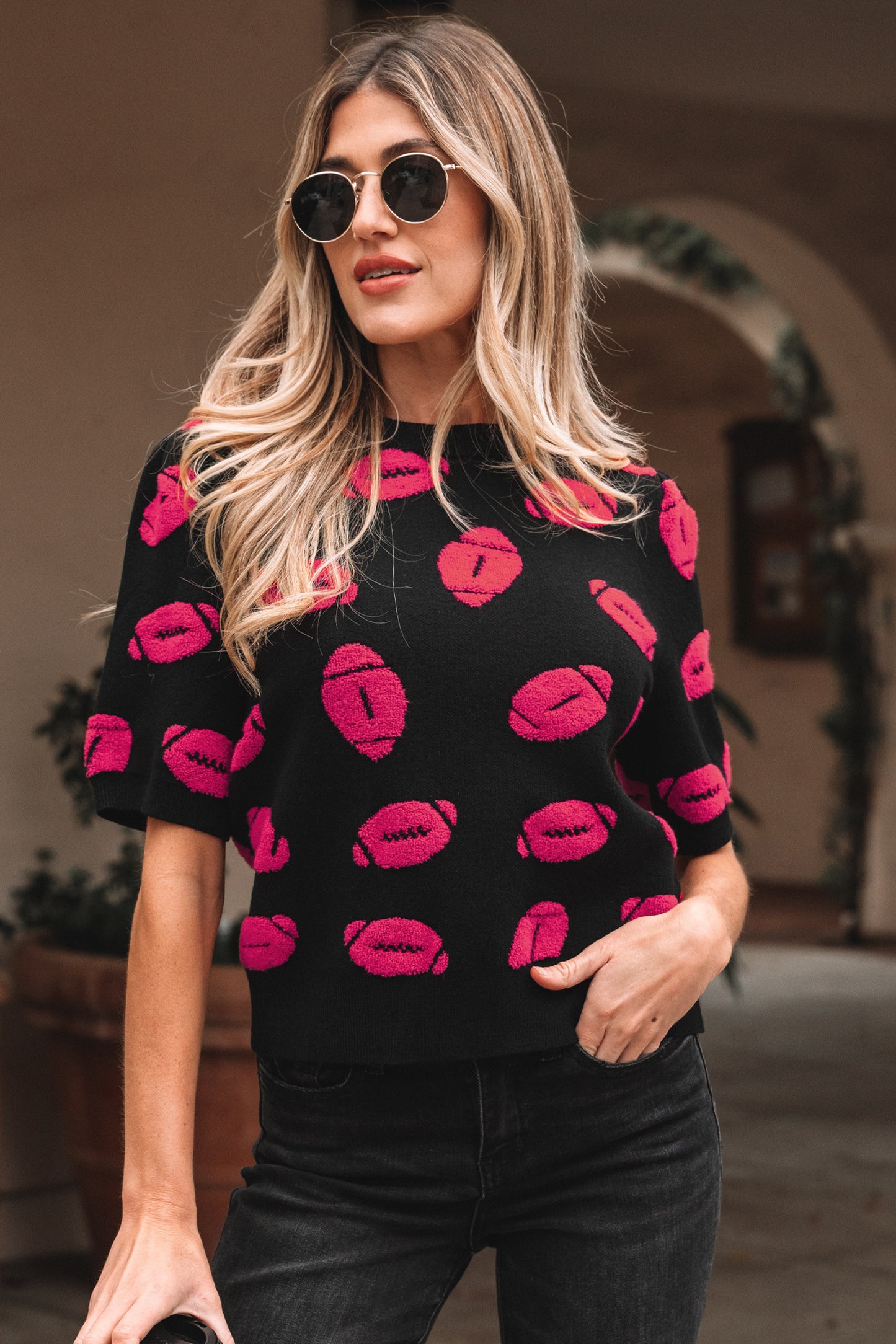 Black Rugby Print Casual Knit Short Sleeve Sweater-TOPS / DRESSES-[Adult]-[Female]-2022 Online Blue Zone Planet