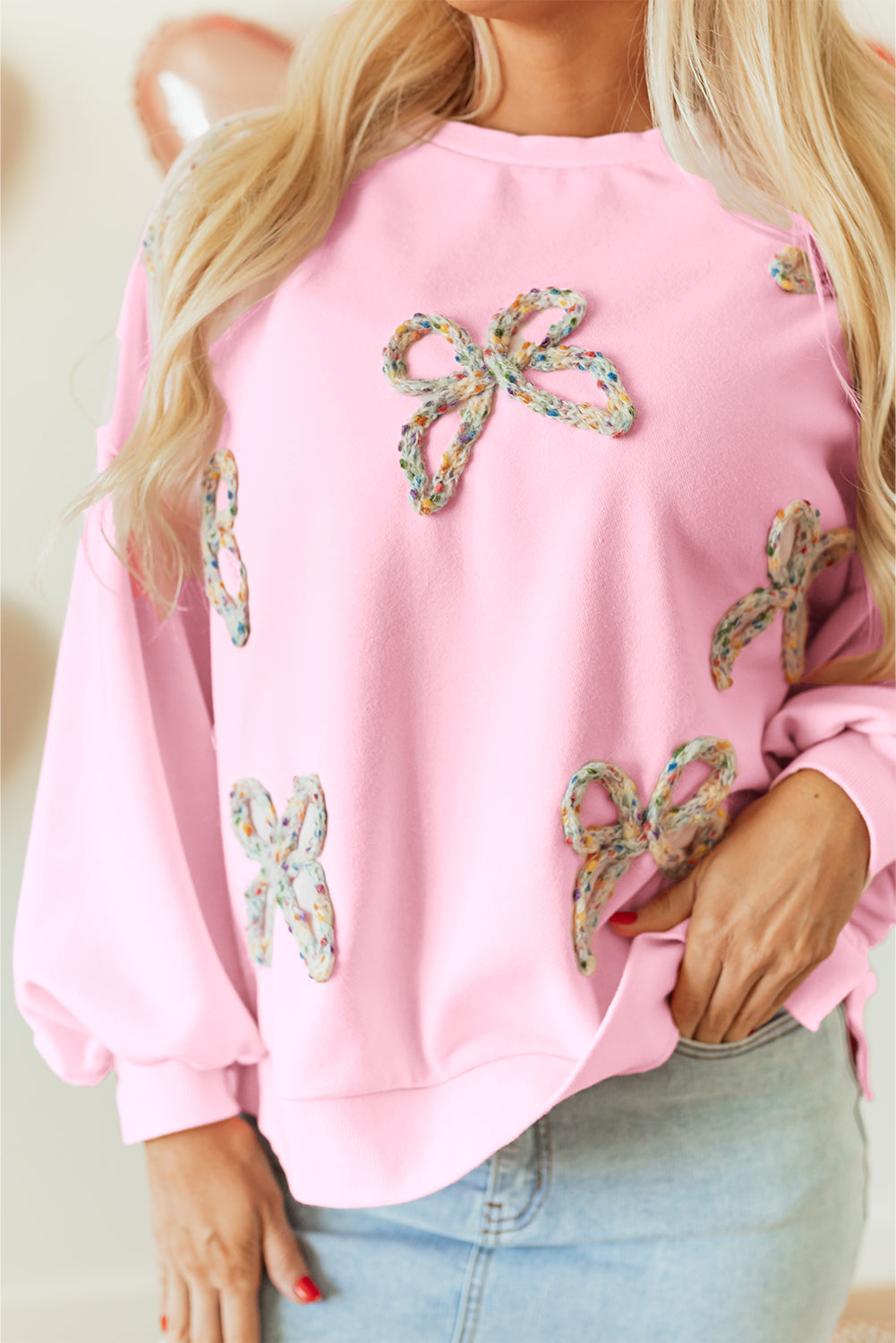 Blue Zone Planet | Light Pink Embroidered Bow Lantern Sleeve Oversized Pullover Sweatshirt-Tops/Sweatshirts & Hoodies-[Adult]-[Female]-2022 Online Blue Zone Planet