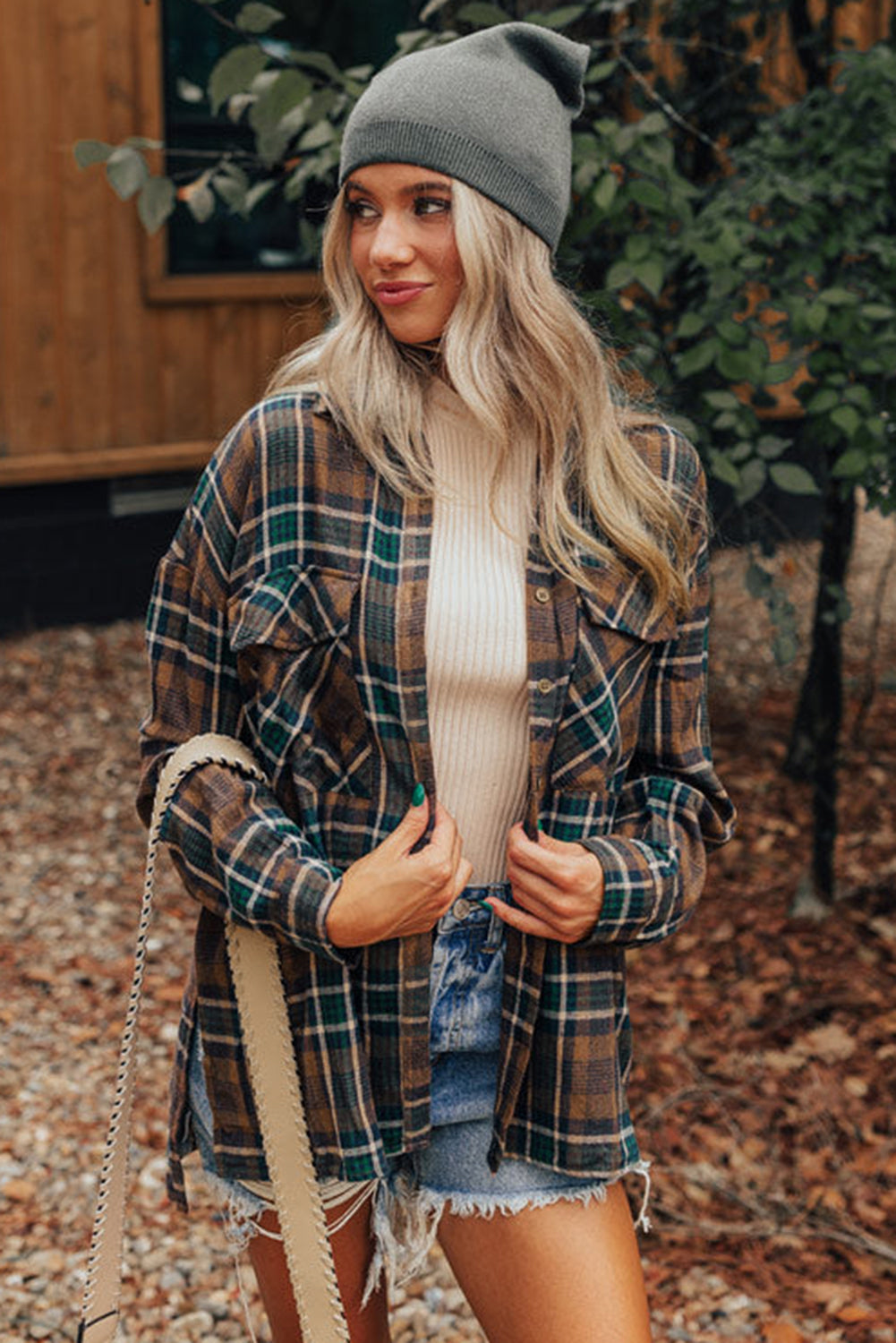 Brown Plaid Print Chest Pockets Buttoned Shacket-Jackets-[Adult]-[Female]-2022 Online Blue Zone Planet