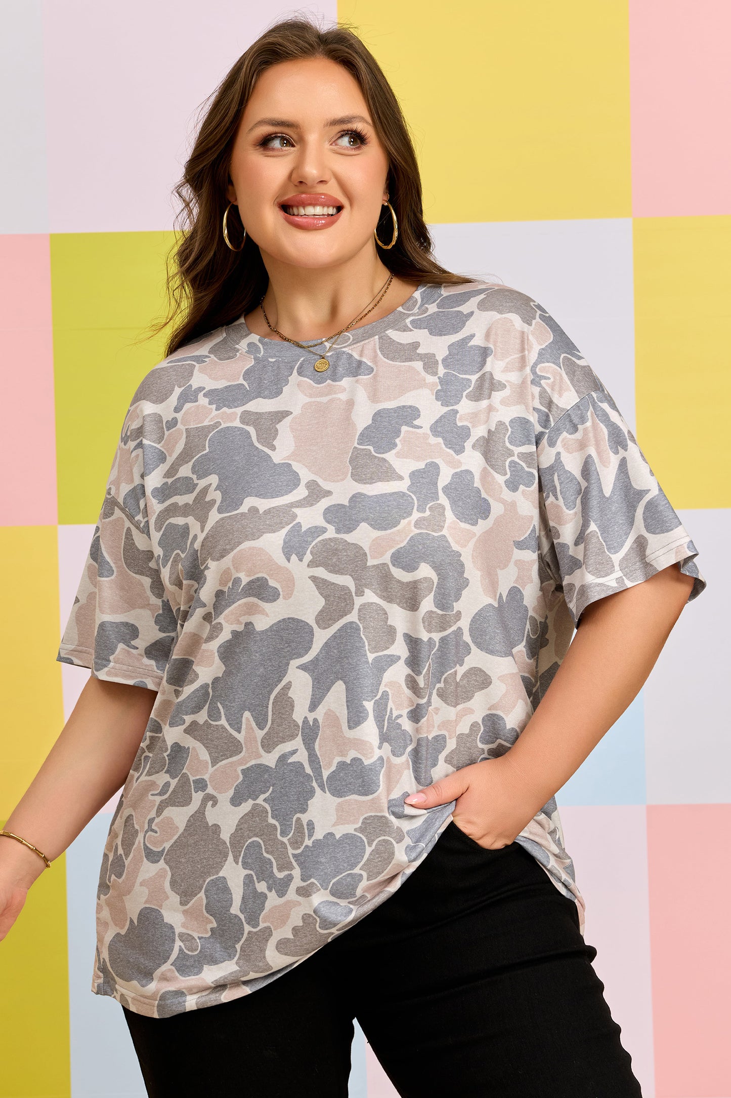Multicolour Retro Camouflage Print Plus Size T Shirt-Plus Size/Plus Size Tops/Plus Size Tops & Tees-[Adult]-[Female]-2022 Online Blue Zone Planet