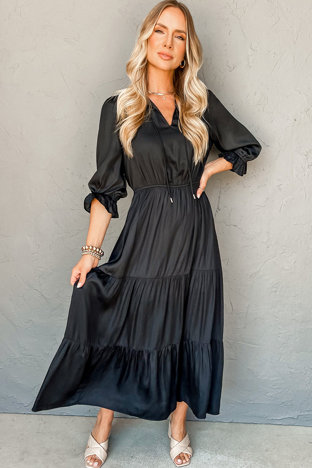 Black Flounced Bracelet Sleeve V Neck Tiered Maxi Dress-Dresses/Maxi Dresses-[Adult]-[Female]-2022 Online Blue Zone Planet
