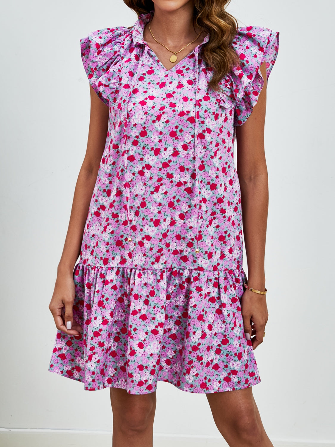 Tied Floral Cap Sleeve Mini Dress-TOPS / DRESSES-[Adult]-[Female]-2022 Online Blue Zone Planet