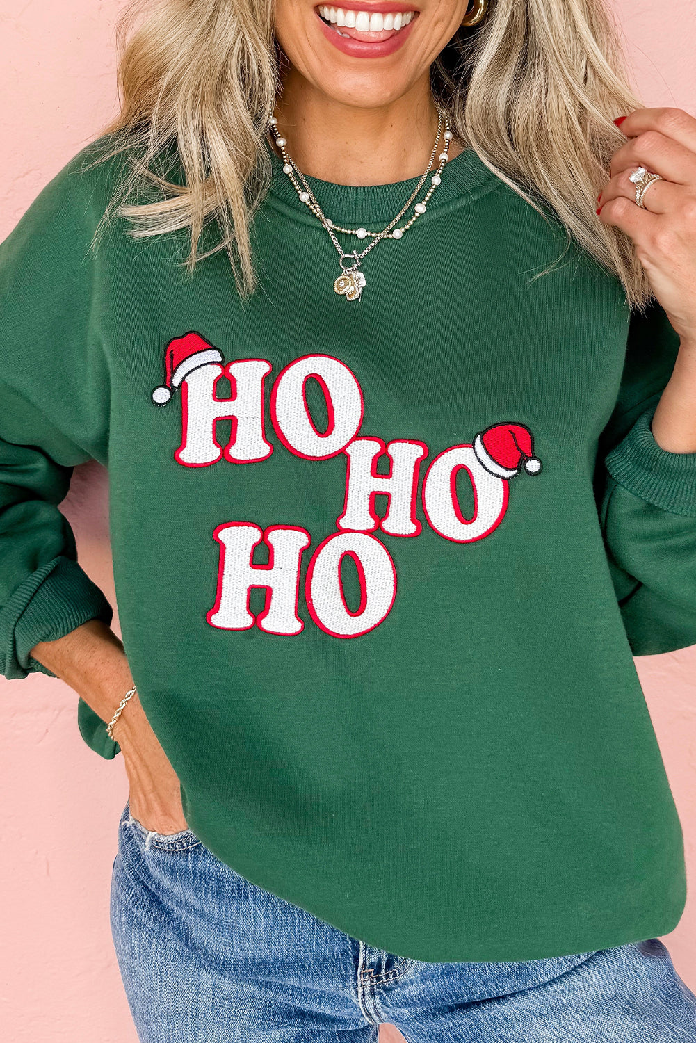 Evergreen Embroidered Letter Graphic Christmas Fashion Sweatshirt-Tops/Sweatshirts & Hoodies-[Adult]-[Female]-Evergreen-S-2022 Online Blue Zone Planet