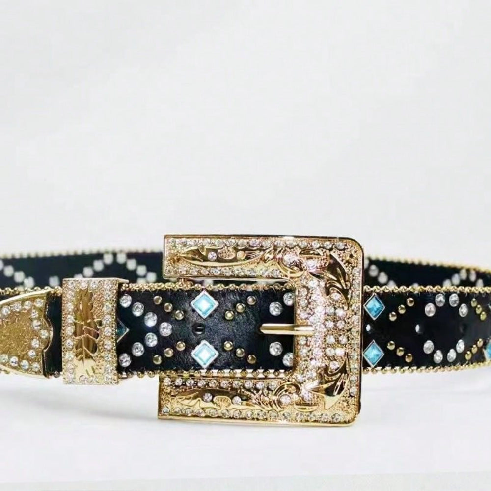 Rhinestone PU Leather Belt-BELTS-[Adult]-[Female]-2022 Online Blue Zone Planet