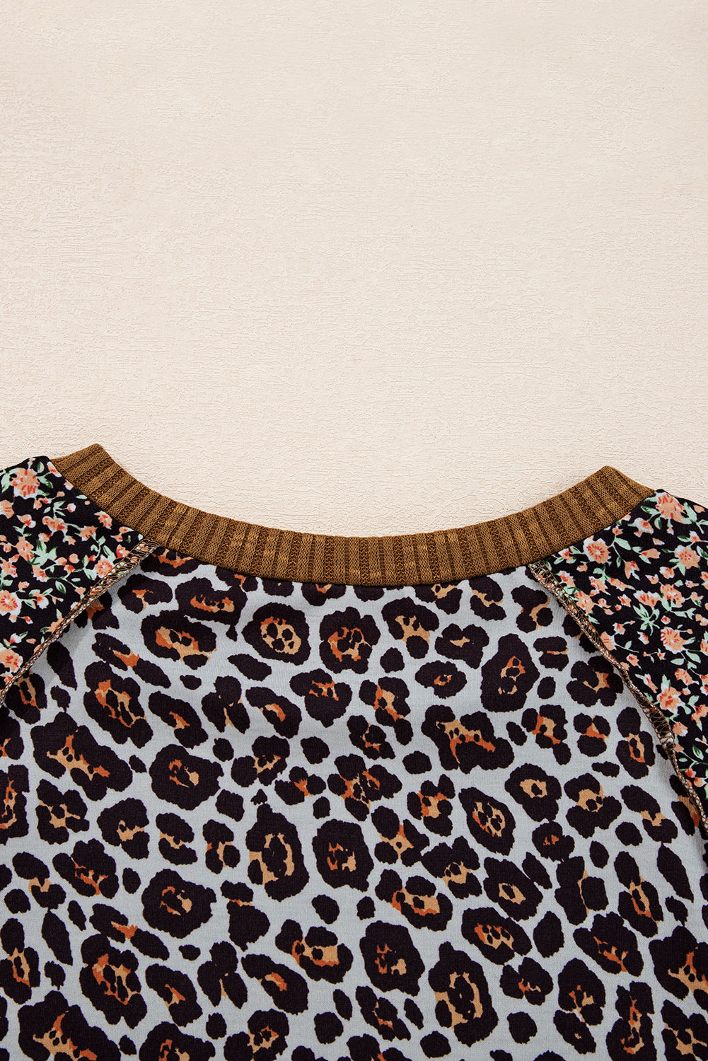 Brown Leopard Floral Print Ribbed Puff Sleeve Patchwork Loose Pullover-Tops/Long Sleeve Tops-[Adult]-[Female]-2022 Online Blue Zone Planet