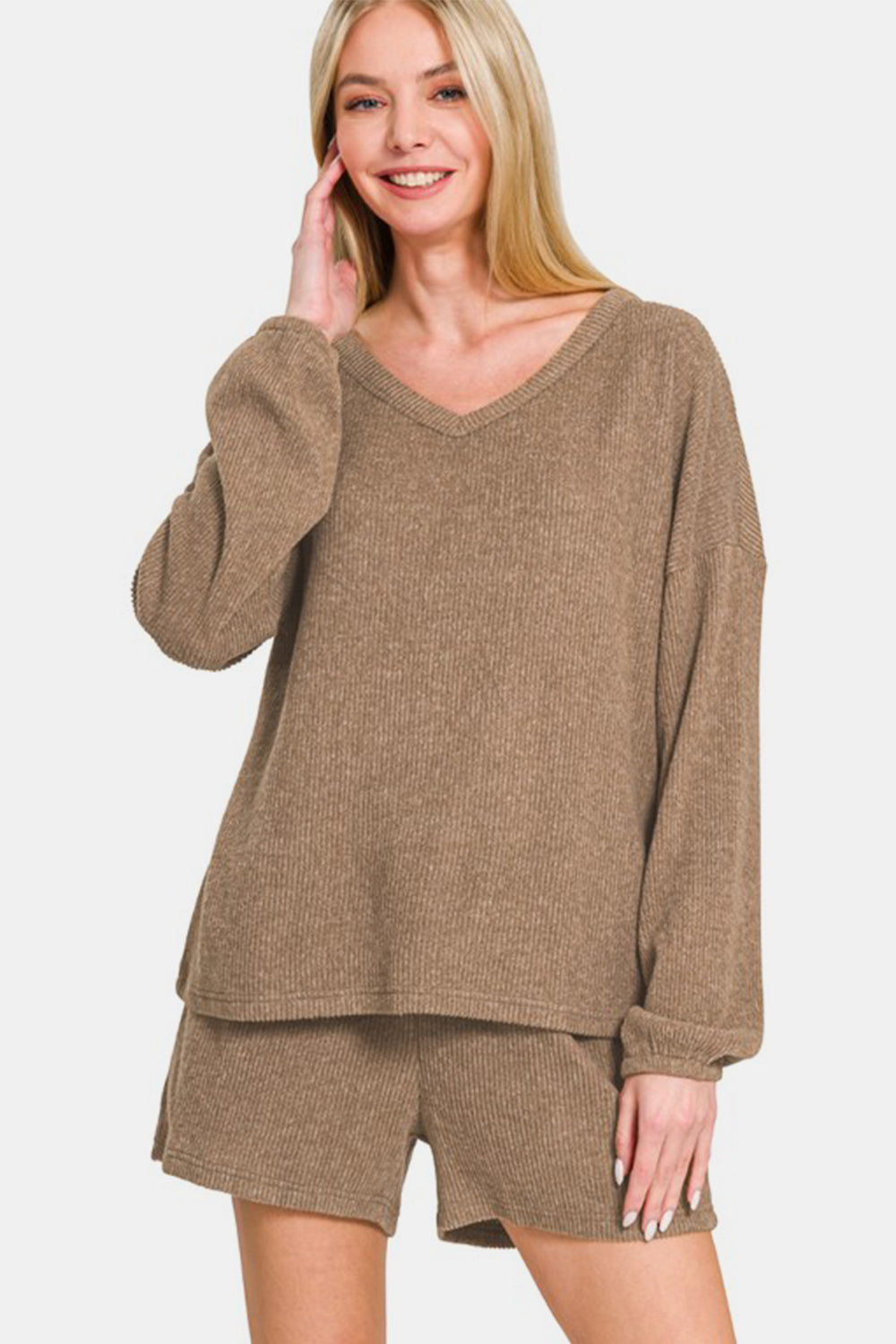 Blue Zone Planet | Zenana V-Neck Long Sleeve Ribbed Top and Shorts Set-TOPS / DRESSES-[Adult]-[Female]-Camel-S-2022 Online Blue Zone Planet