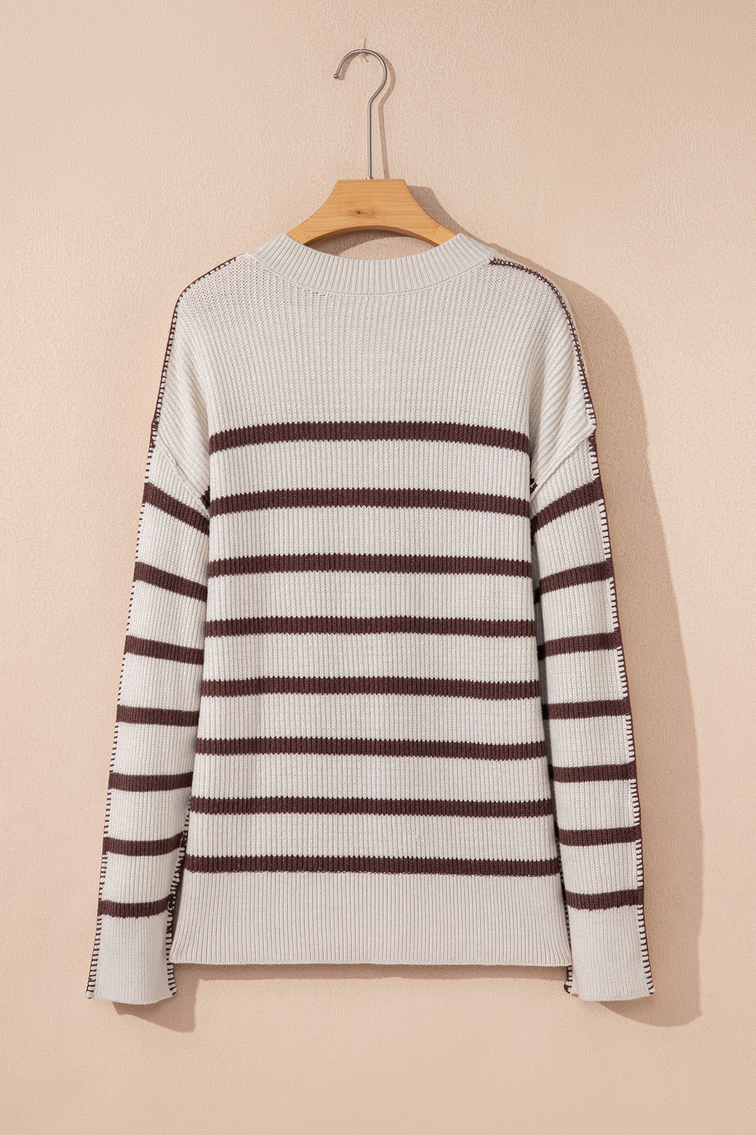 Brown Stripe Ribbed Henley Drop Shoulder Slouchy Sweater-TOPS / DRESSES-[Adult]-[Female]-2022 Online Blue Zone Planet