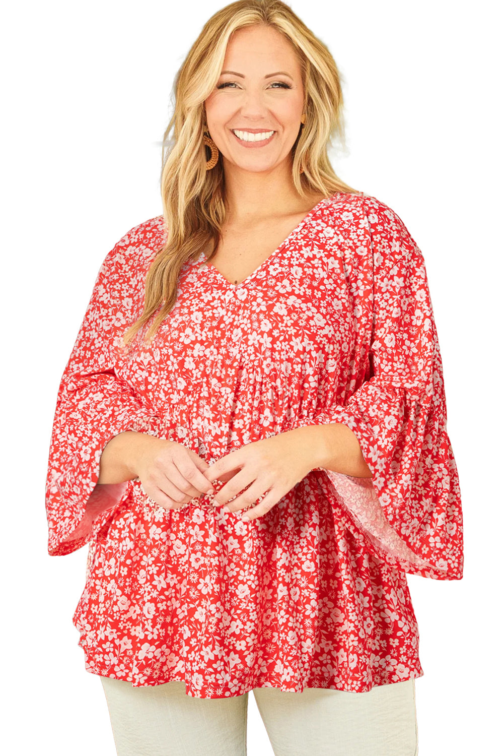 Red Plus Size Floral V Neck Flared Sleeve Blouse-Plus Size Tops-[Adult]-[Female]-2022 Online Blue Zone Planet