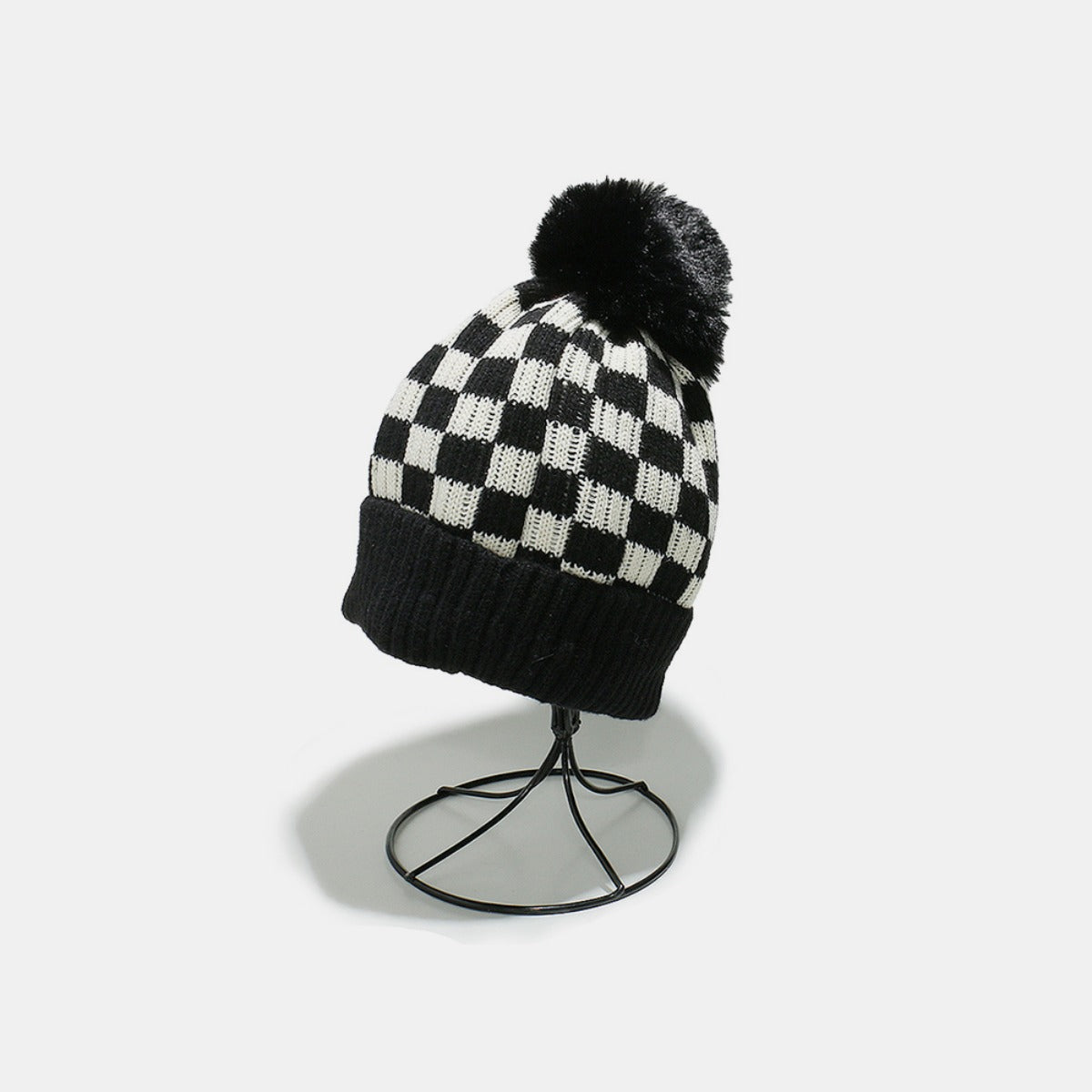 Checkered Knit Hat with Pompom-HATS-[Adult]-[Female]-Black-One Size-2022 Online Blue Zone Planet