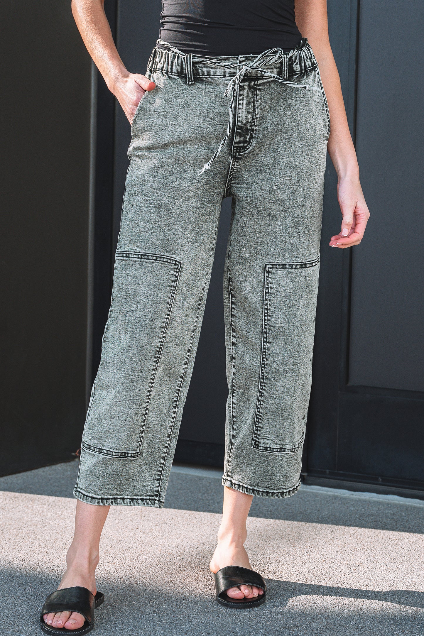 Gray Acid Wash Barrel Fit Denim Pants with Waist String-Bottoms/Jeans-[Adult]-[Female]-Gray-4-2022 Online Blue Zone Planet