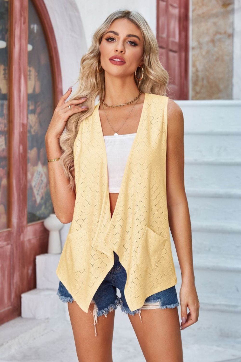 Blue Zone Planet | Eyelet Open Front Sleeveless Cardigan-TOPS / DRESSES-[Adult]-[Female]-Yellow-S-2022 Online Blue Zone Planet