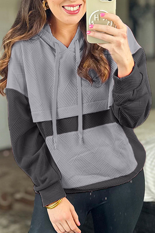 Gray Textured Color Block Kangaroo Pocket Drop Shoulder Hoodie-Tops/Sweatshirts & Hoodies-[Adult]-[Female]-Gray-S-2022 Online Blue Zone Planet