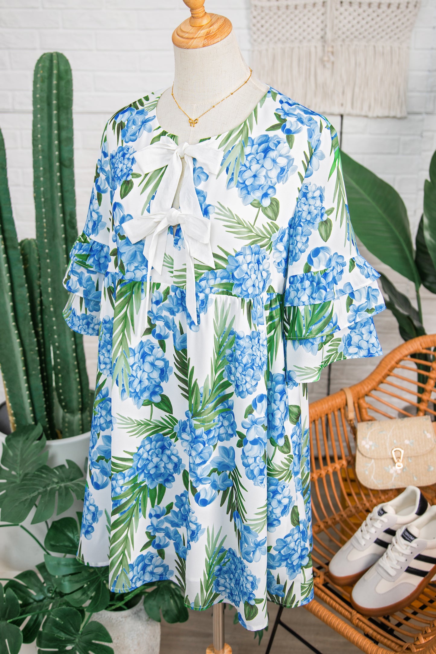 Sky Blue Palm Floral Print Contrast Ribbon Knot Ruffle Tiered Sleeve Mini Dress-Dresses/Floral Dresses-[Adult]-[Female]-2022 Online Blue Zone Planet