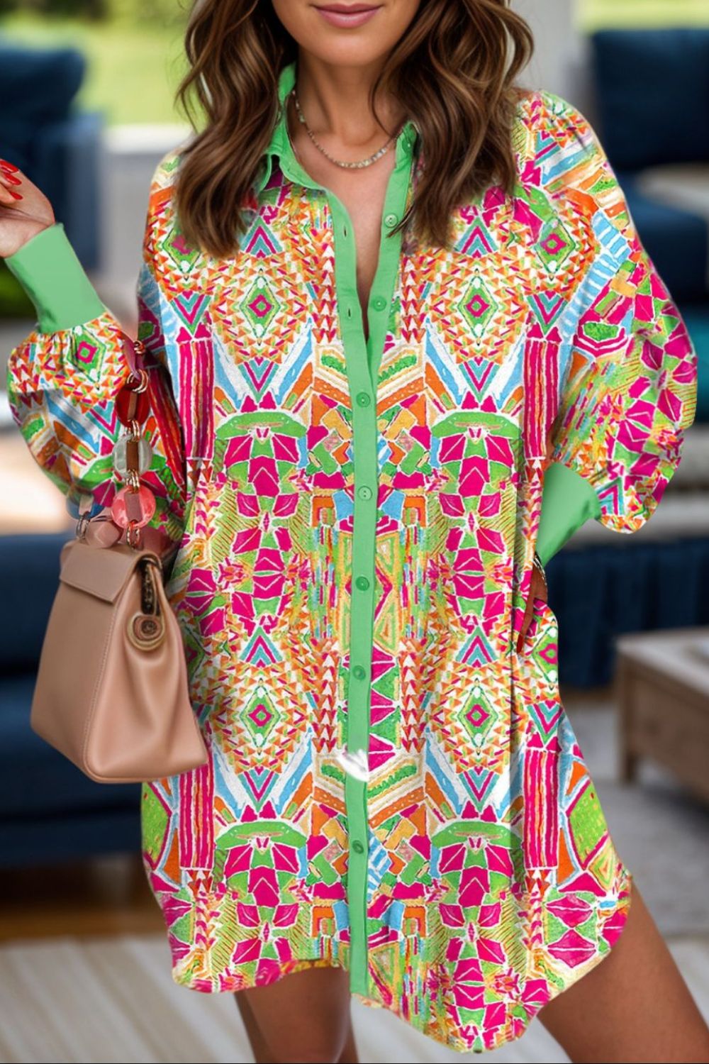 Printed Button Up Long Sleeve Shirt Dress-TOPS / DRESSES-[Adult]-[Female]-Neon Green-S-2022 Online Blue Zone Planet