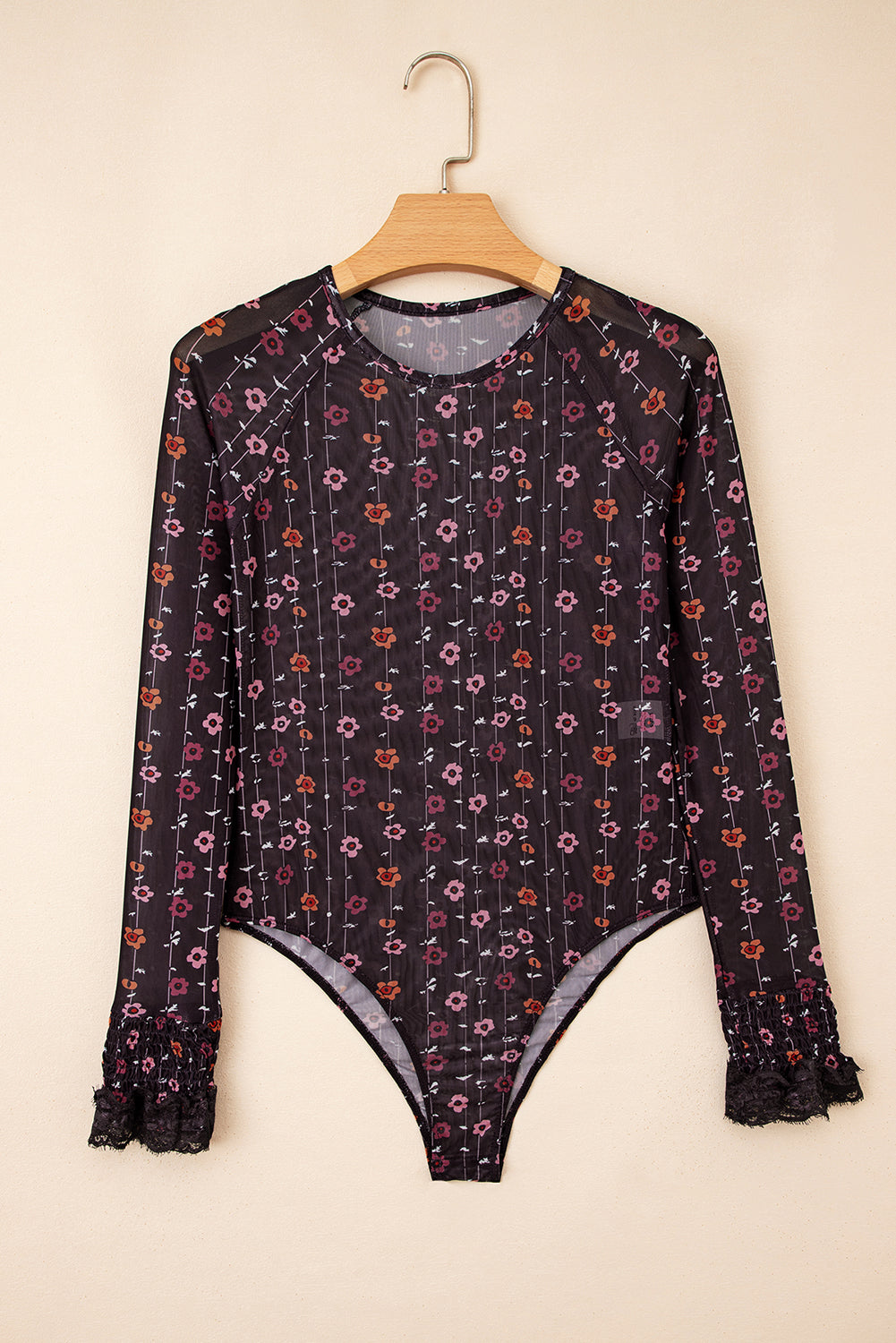 Black Floral Print Smocked Cuff Slim Fit Mesh Bodysuit-Bottoms/Jumpsuits & Rompers-[Adult]-[Female]-2022 Online Blue Zone Planet