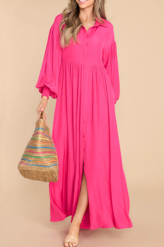 Blue Zone Planet | Rose Bubble Sleeve Shirt Maxi Dress-TOPS / DRESSES-[Adult]-[Female]-Rose-S-2022 Online Blue Zone Planet